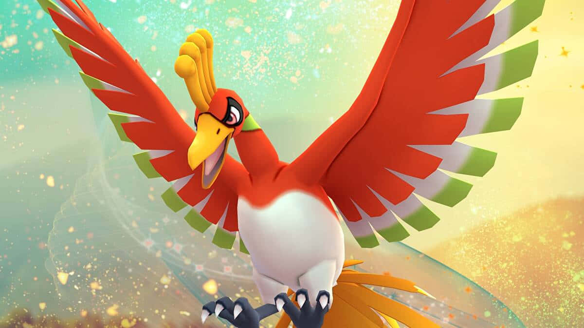 Ho-oh, red wings, green tips, SD Desktop Wallpaper