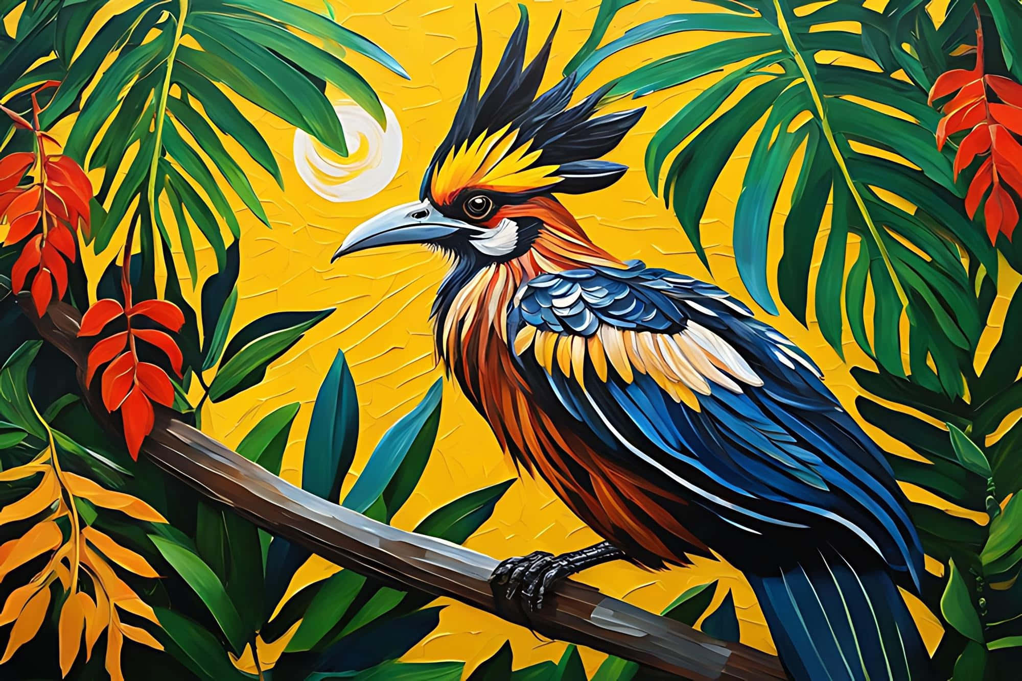 hoatzin, tropical backdrop, blue orange and yellow feathers, Full HD Desktop Wallpaper