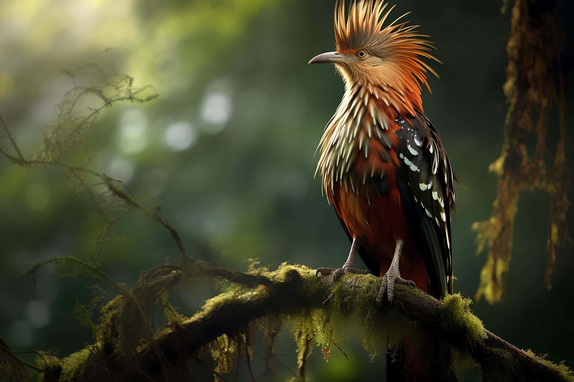 hoatzin, spiky orange crest, mossy branch, Full HD Desktop Wallpaper