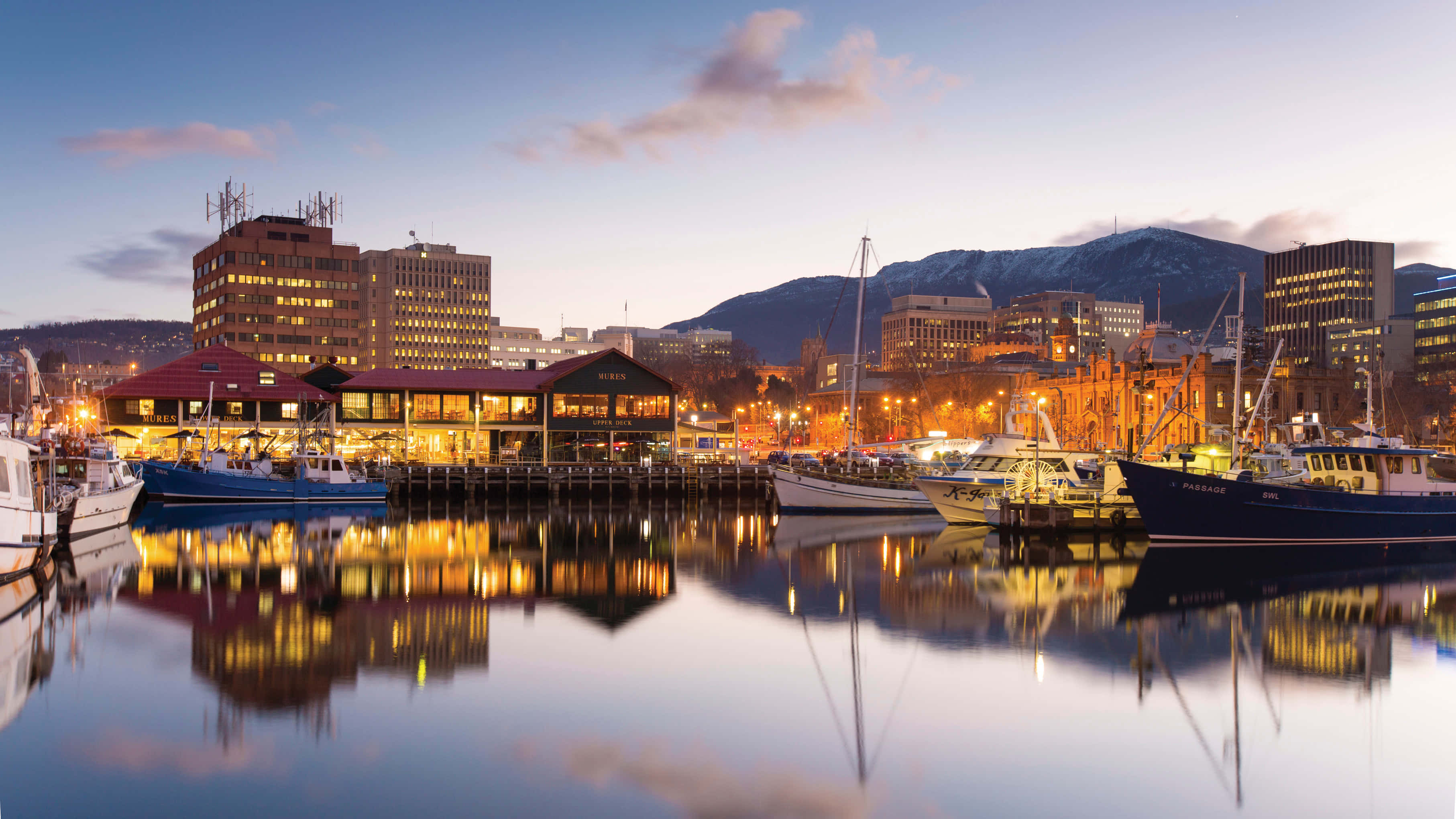 Hobart, Australia, harbor, dusk, 2K Desktop Wallpaper