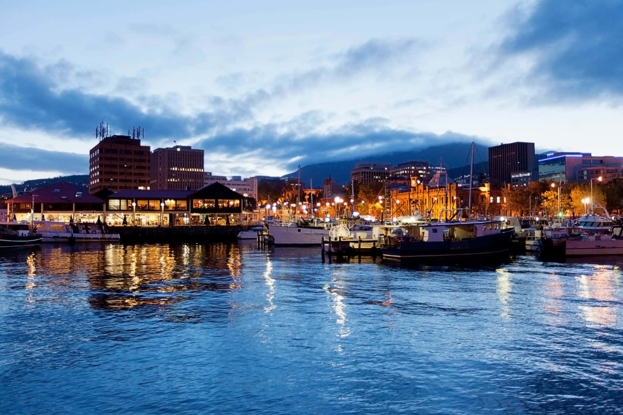 Hobart Australia, city harbor, dusk, Full HD Desktop Wallpaper