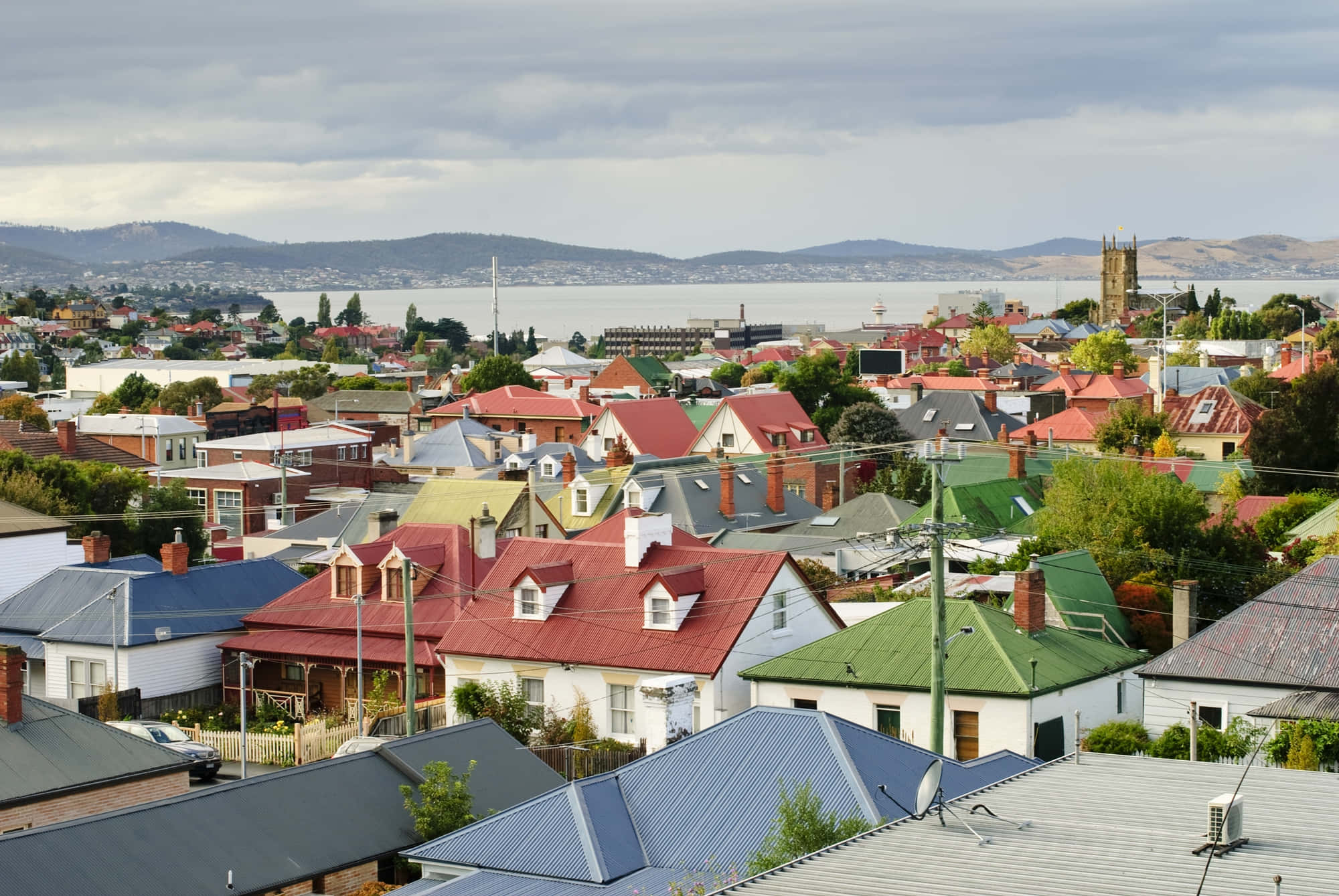 Hobart Australia, colorful rooftops, calm bay, Full HD Desktop Wallpaper