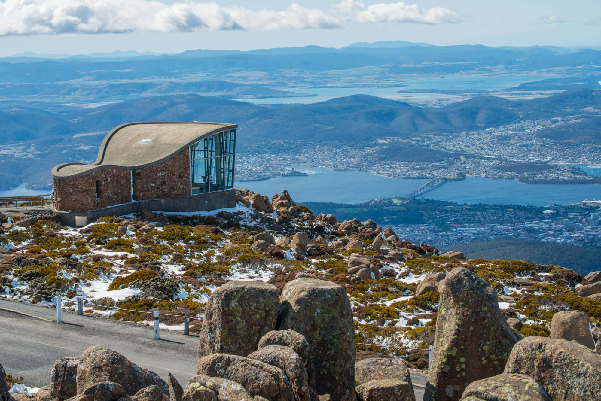 Hobart Australia, curved stone building, snowy rocky peak, Full HD Desktop Wallpaper