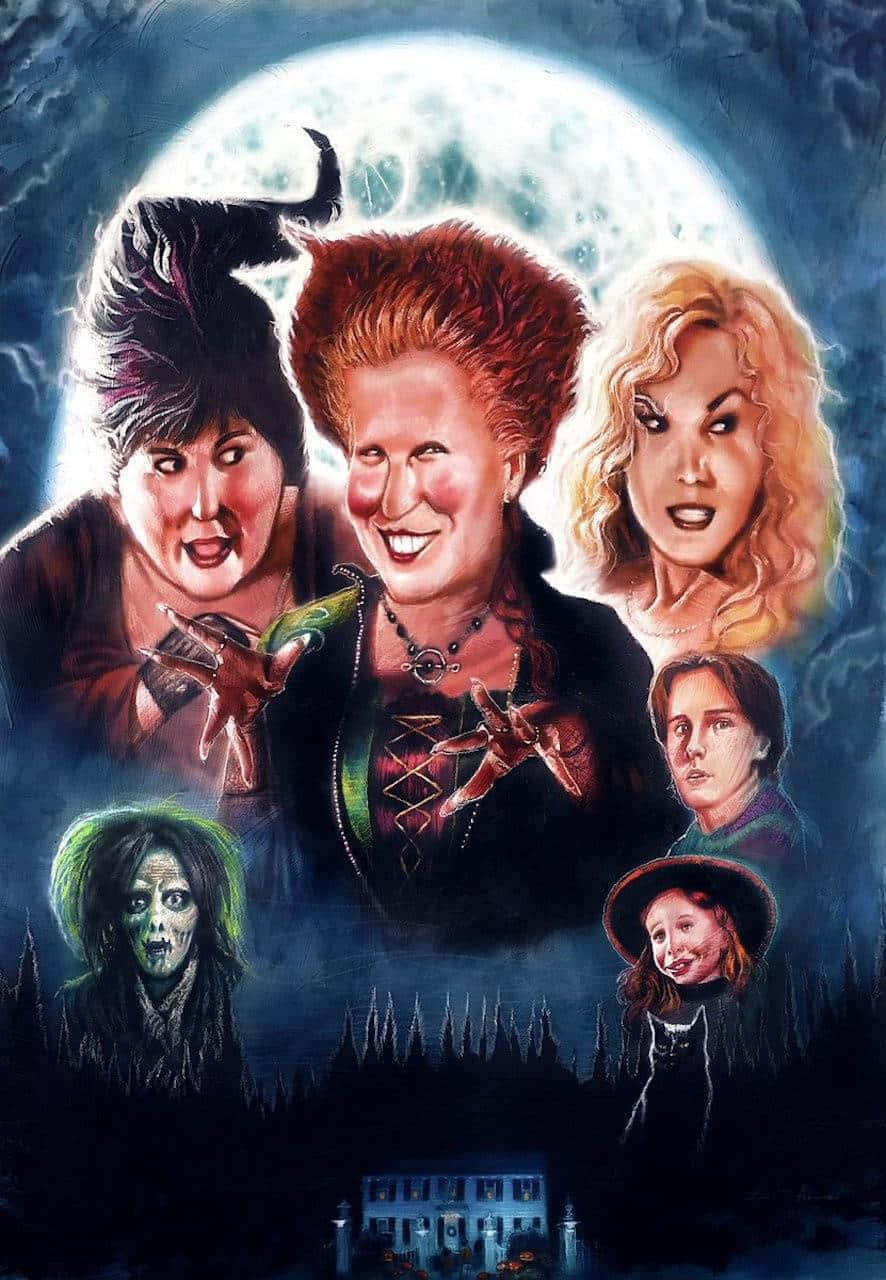 Hocus Pocus, three witches, glowing full moon, HD Phone Wallpaper