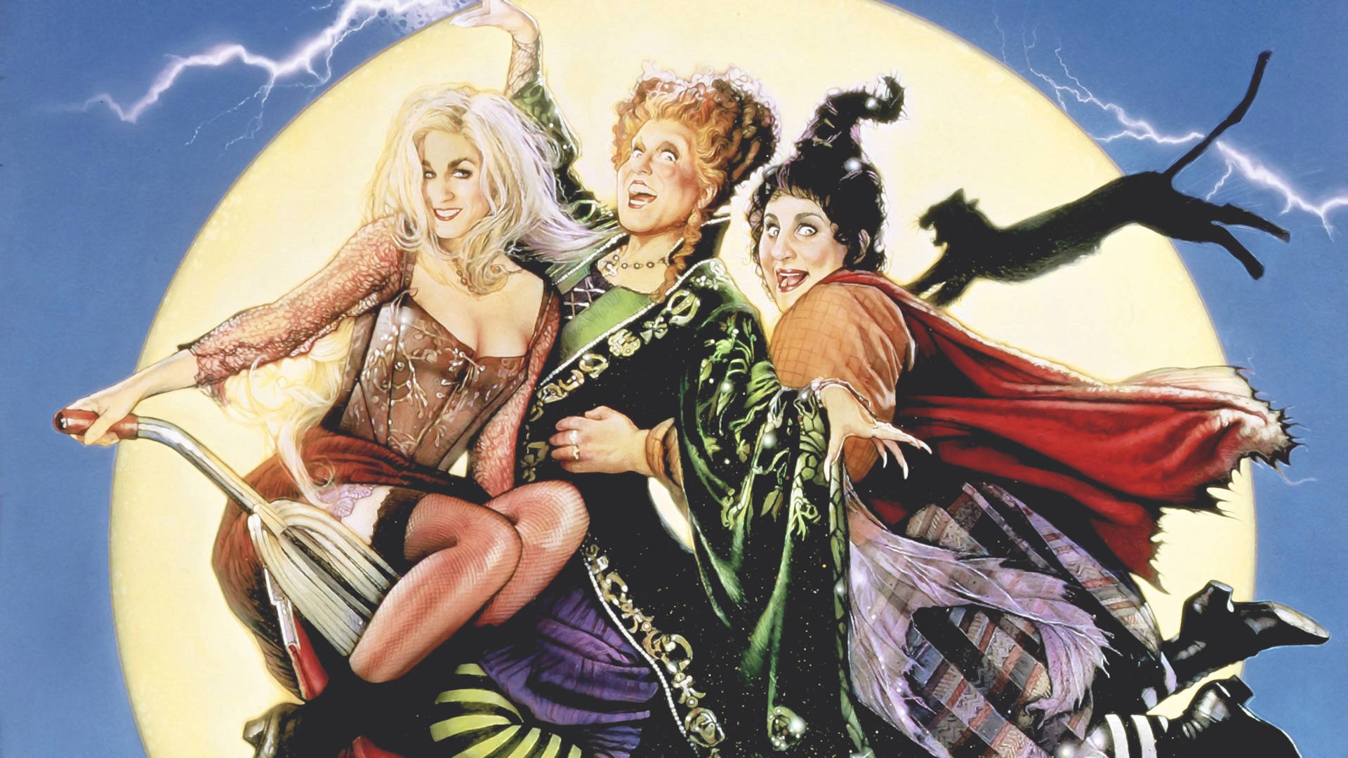 Hocus Pocus, three witches, broomstick, Full HD Desktop Wallpaper