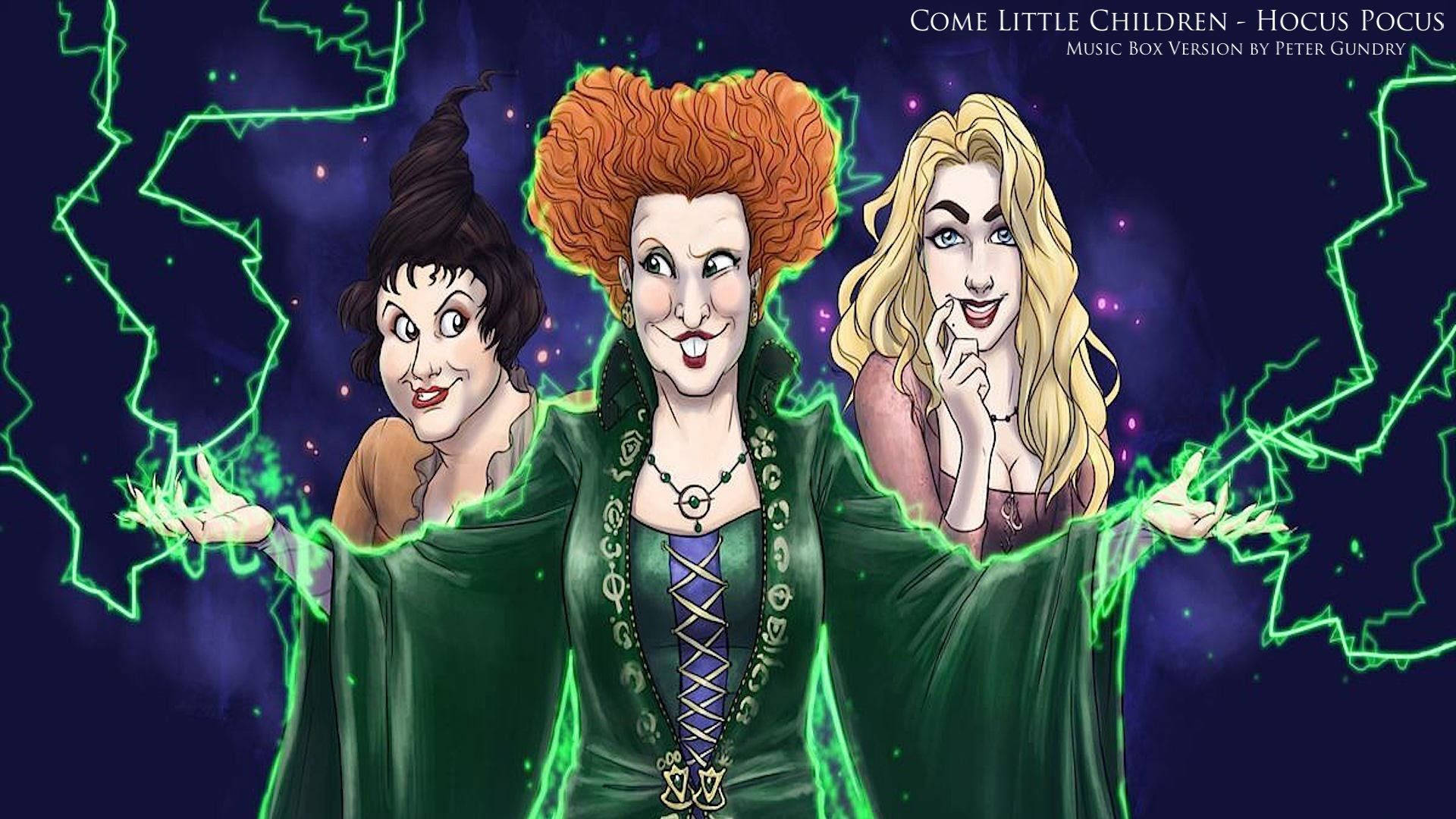 Hocus Pocus, animated witches, glowing green magic hands, Full HD Desktop Wallpaper