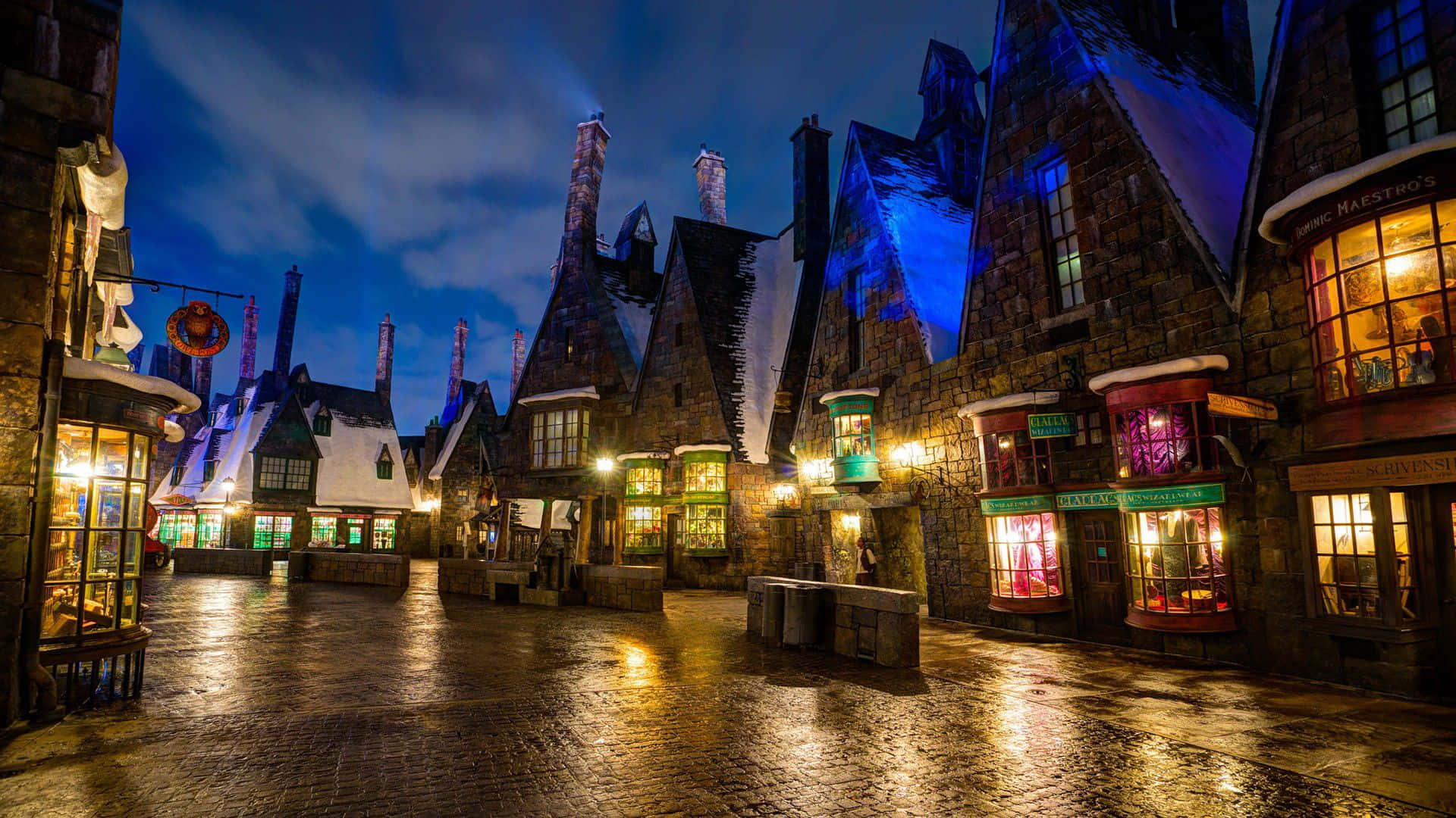 Hogsmeade, medieval-style buildings, twilight skies, Full HD Desktop Wallpaper