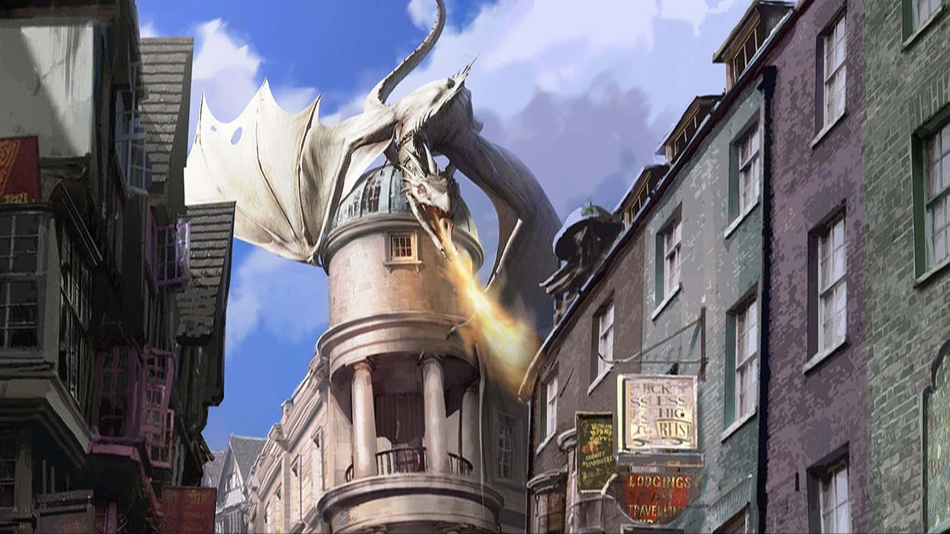 Hogsmeade, white dragon, domed tower, Full HD Desktop Wallpaper