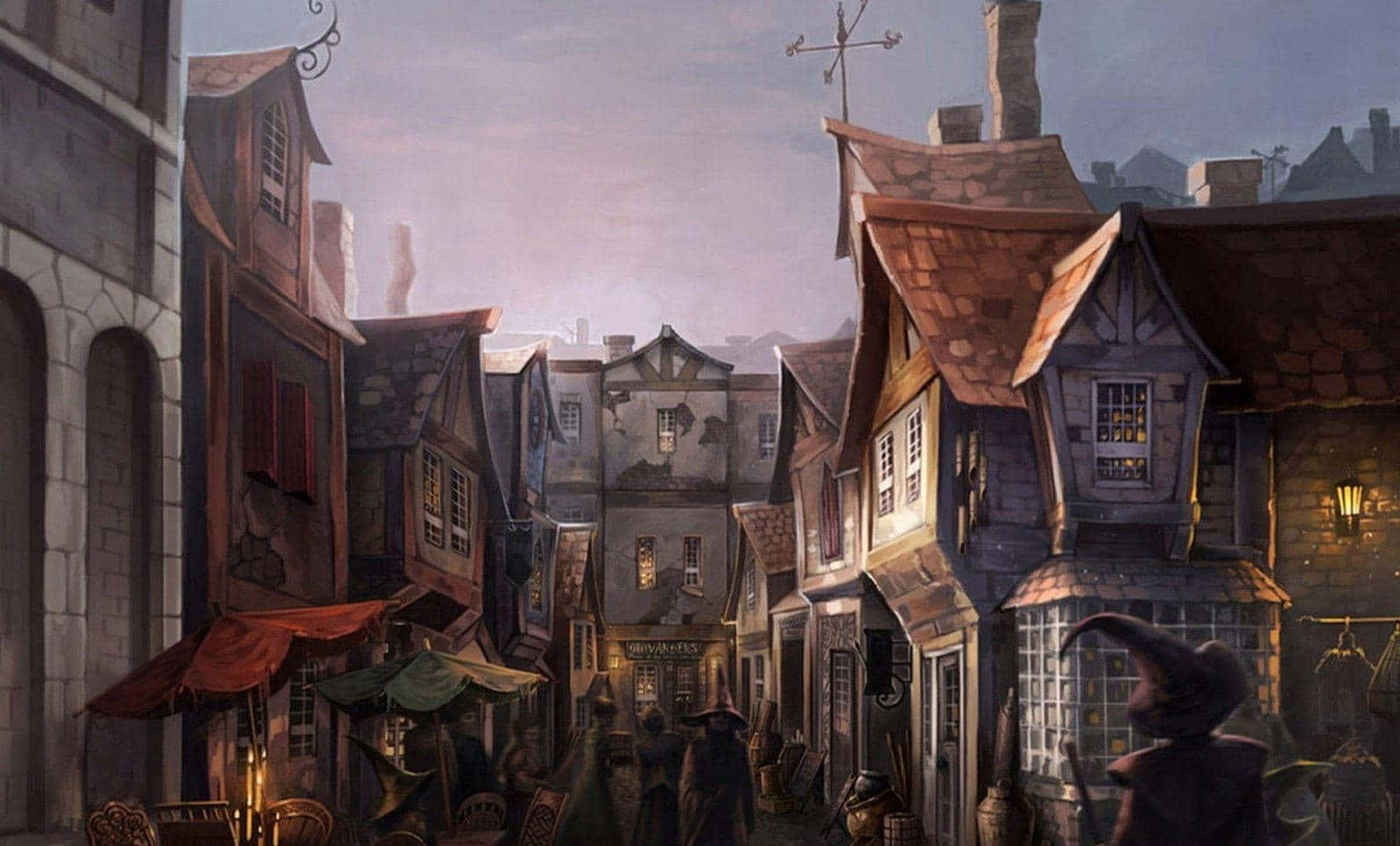 Hogsmeade, dusk, cobblestone street, HD Desktop Wallpaper