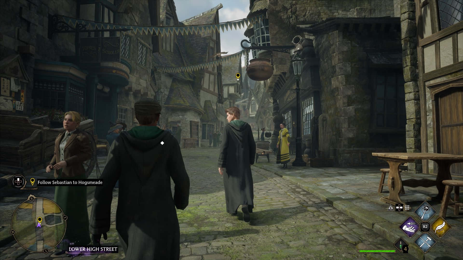 Hogsmeade, dusk, cobblestone medieval street, Full HD Desktop Wallpaper