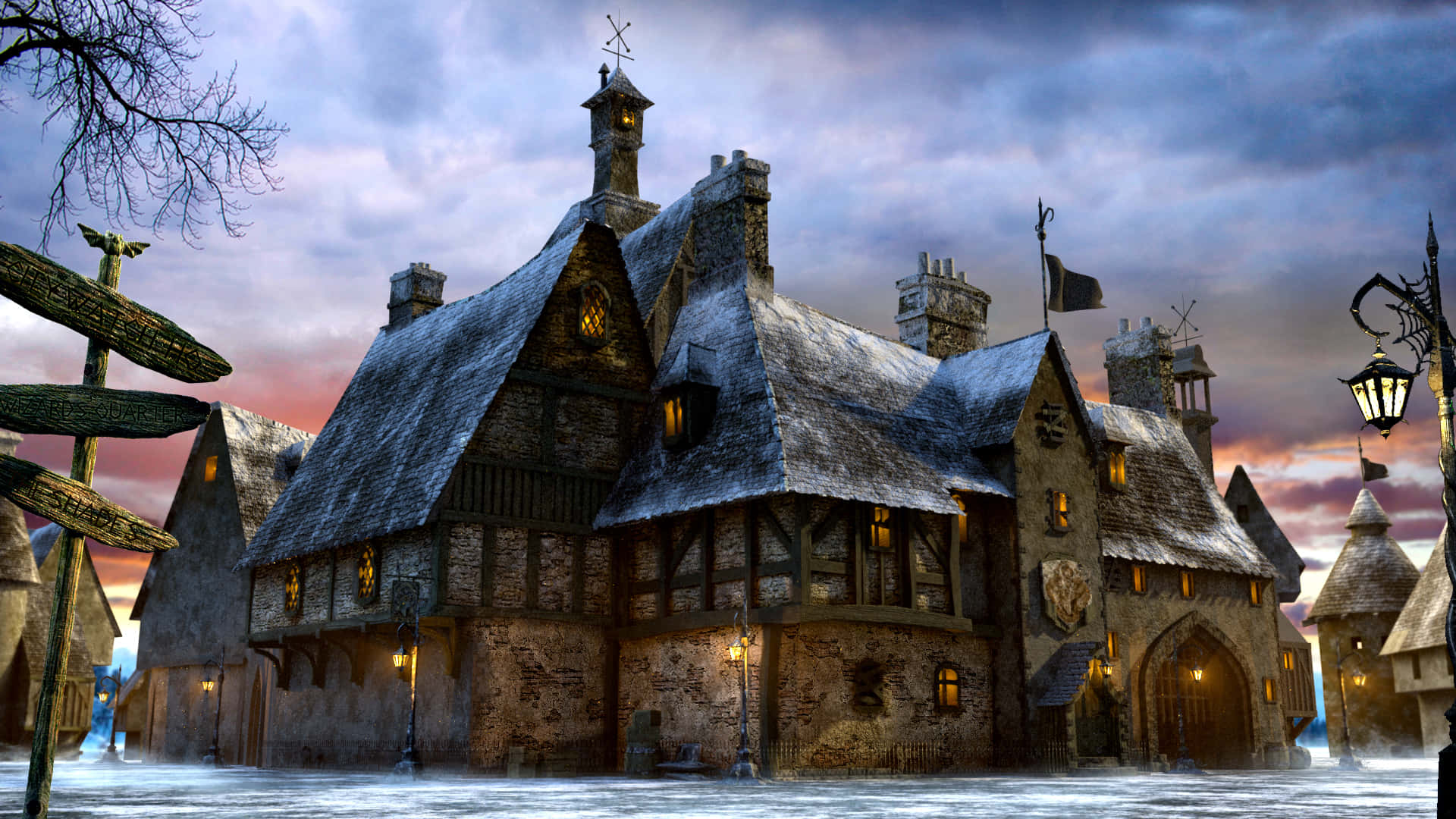 Hogsmeade, medieval inn, twilight sky, Full HD Desktop Wallpaper