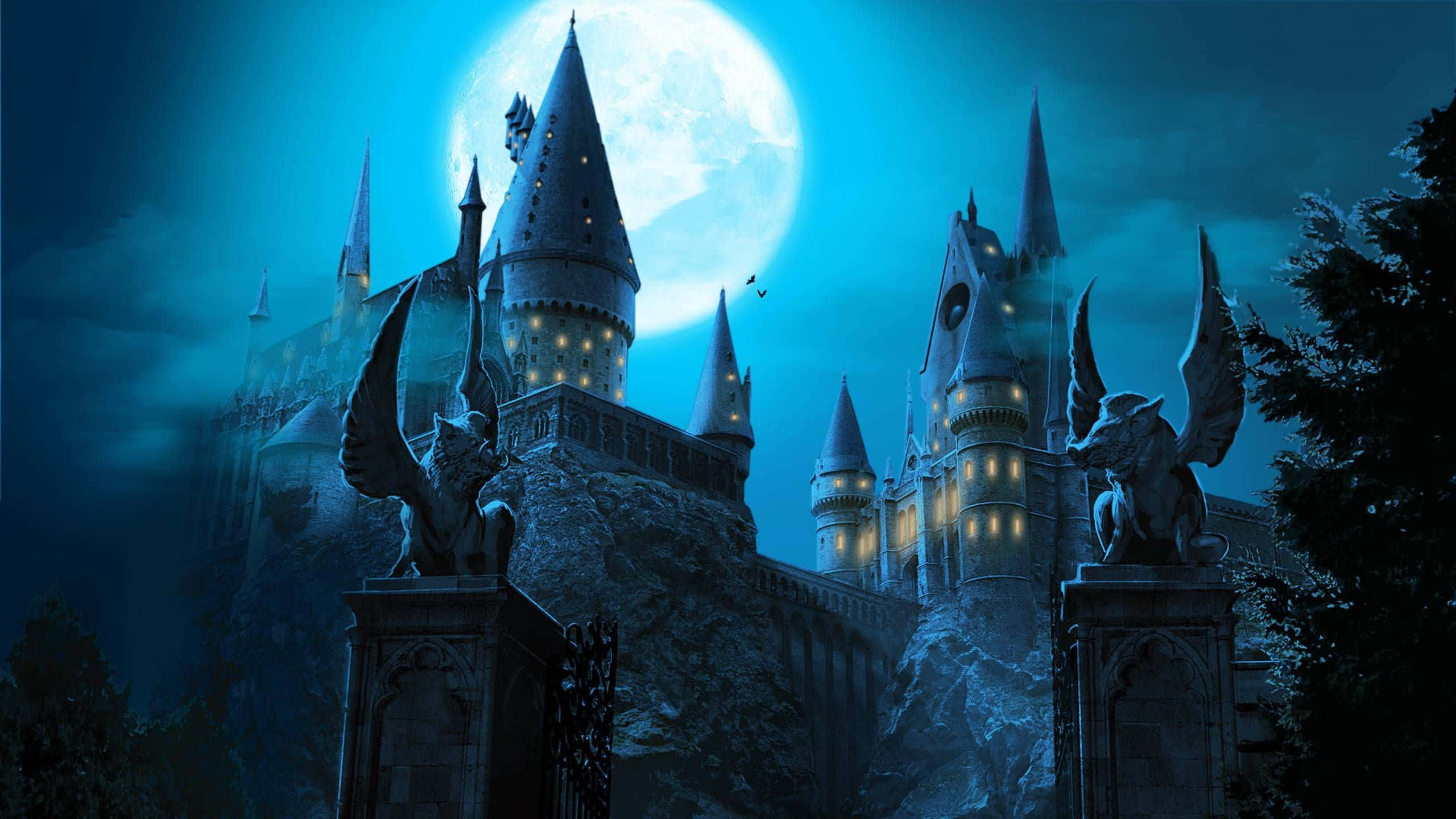 Hogwarts Castle, gothic castle, glowing windows, 2K Desktop Wallpaper