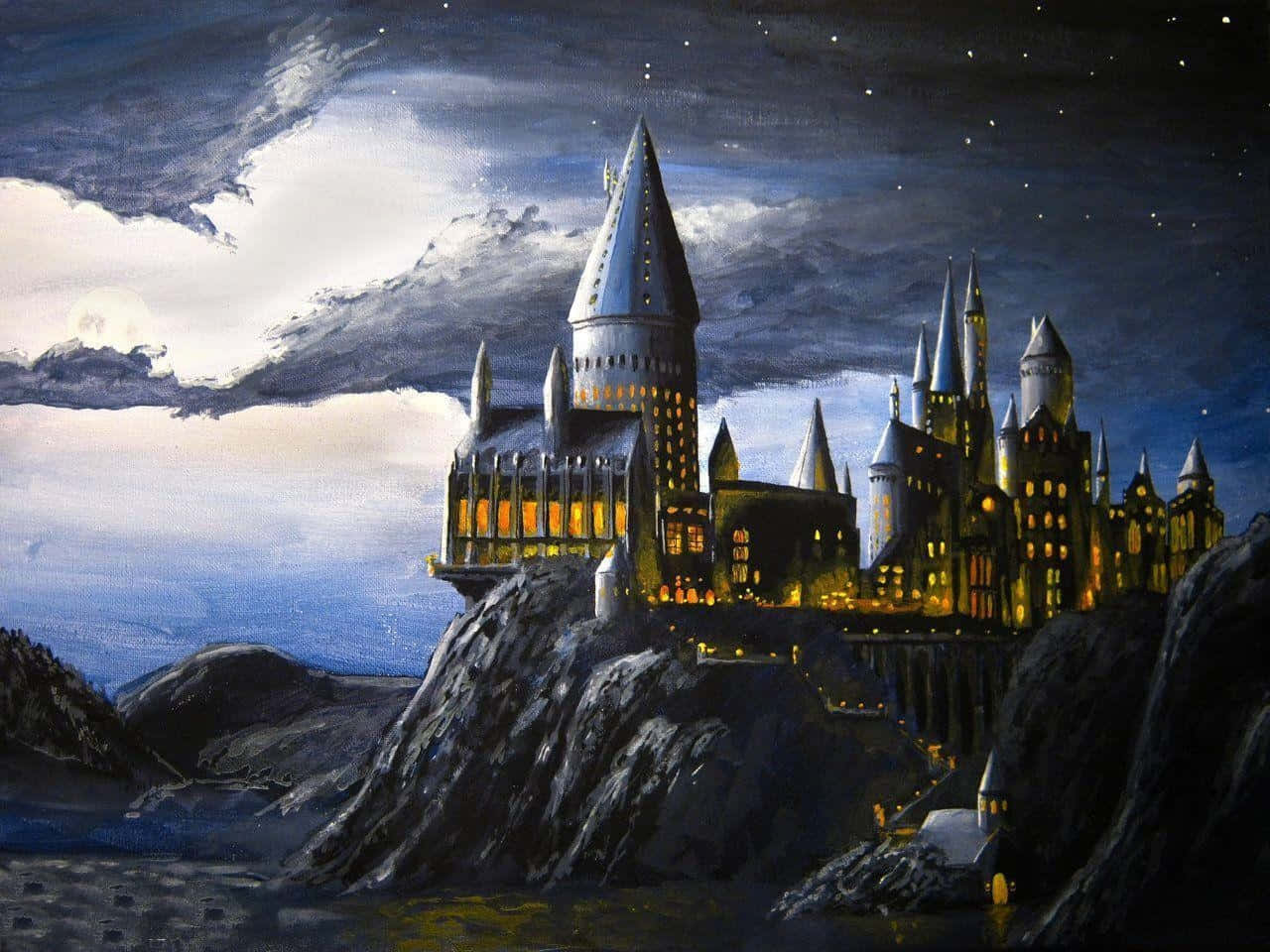Hogwarts Castle, starry night sky, swirling clouds, HD Desktop Wallpaper