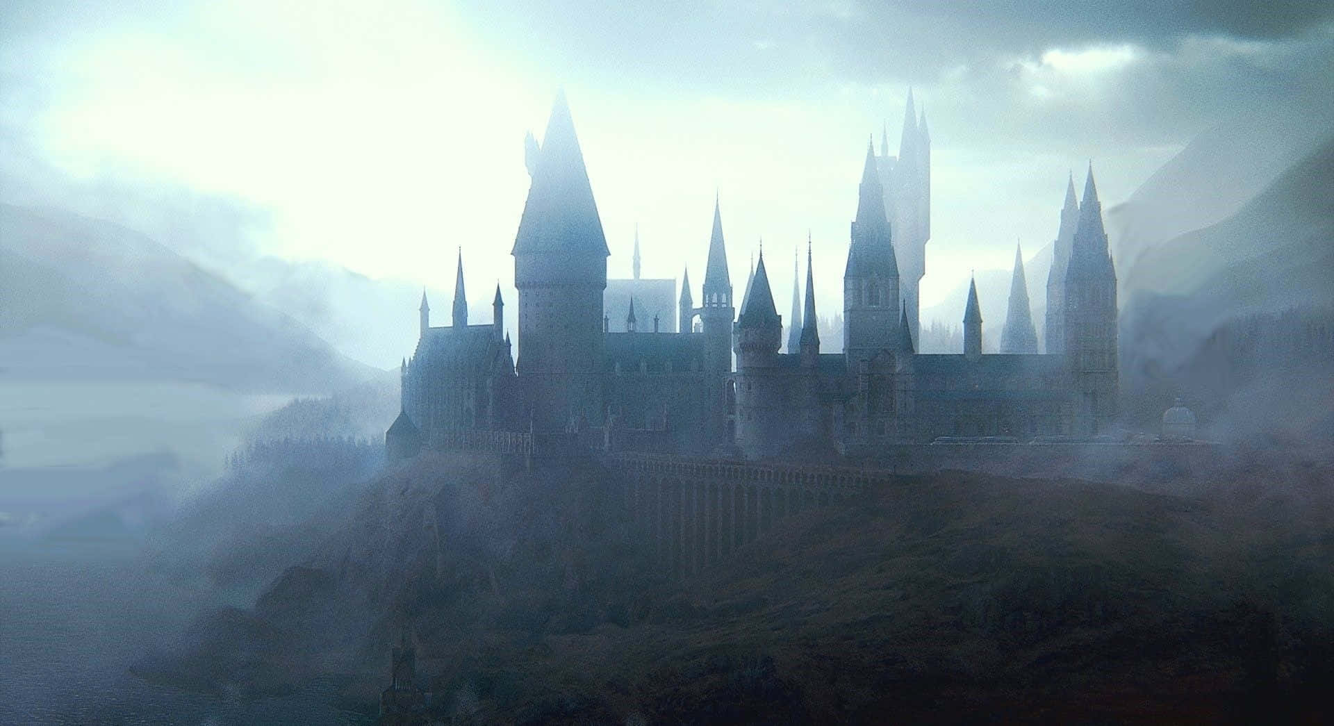 Hogwarts Castle, foggy valley, misty cliff, Full HD Desktop Wallpaper
