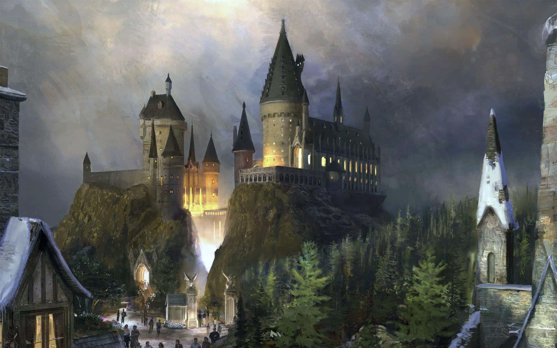 Hogwarts Castle, snowy cliffside, stormy twilight sky, Full HD Desktop Wallpaper
