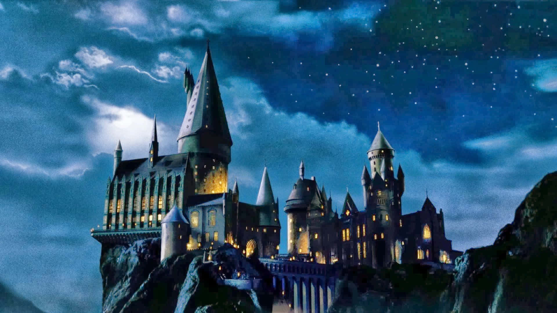 Hogwarts Castle, starry night sky, glowing windows, Full HD Desktop Wallpaper