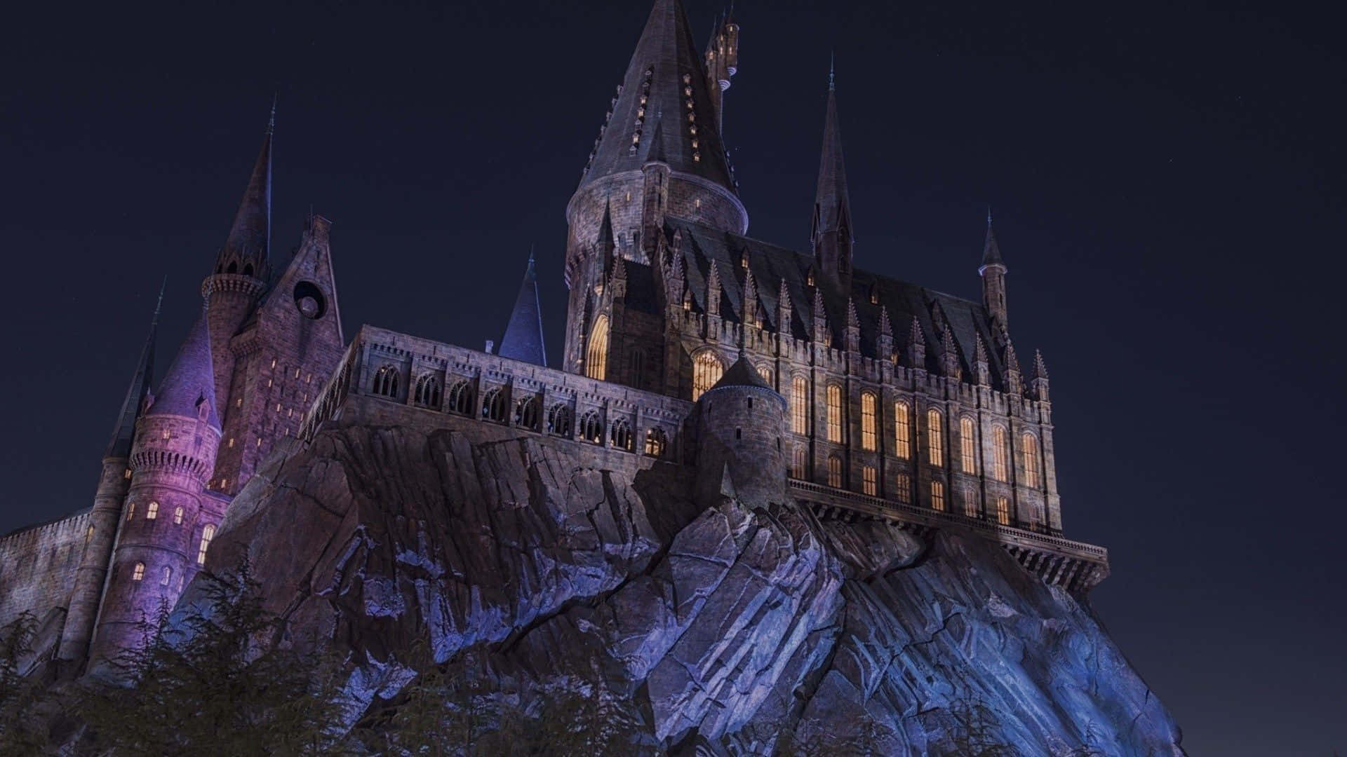 Hogwarts Castle, night sky, rocky cliff, Full HD Desktop Wallpaper