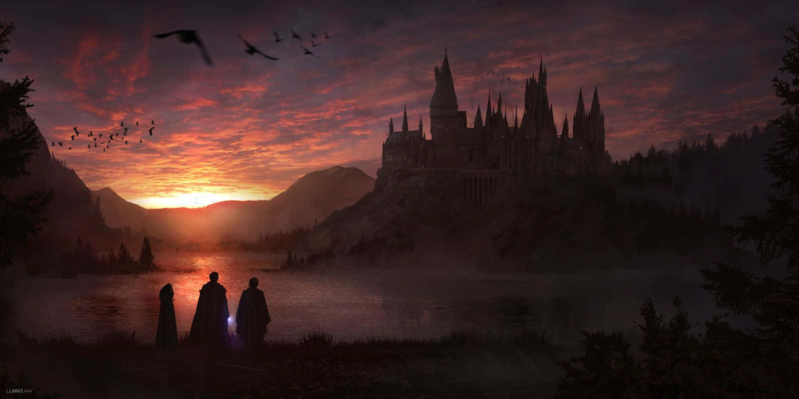 Hogwarts Castle, misty lake, sunset, HD Desktop Wallpaper