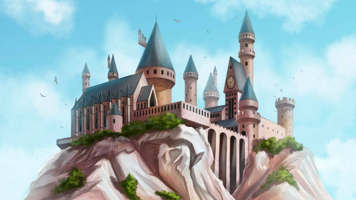 Hogwarts Castle, blue conical roofs, rocky cliff, SD Desktop Wallpaper
