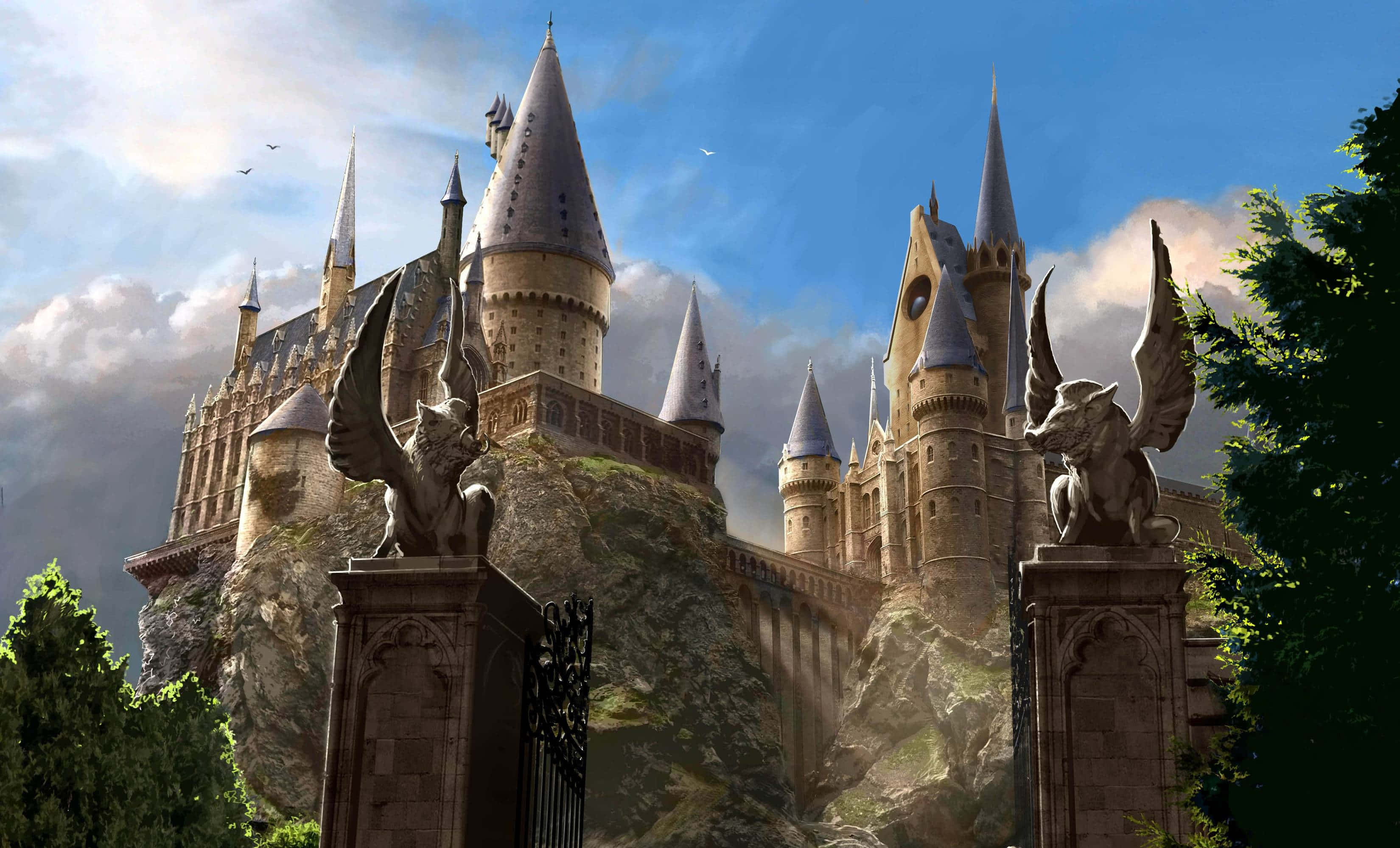 Hogwarts Castle, stone castle, spires, 2K Desktop Wallpaper
