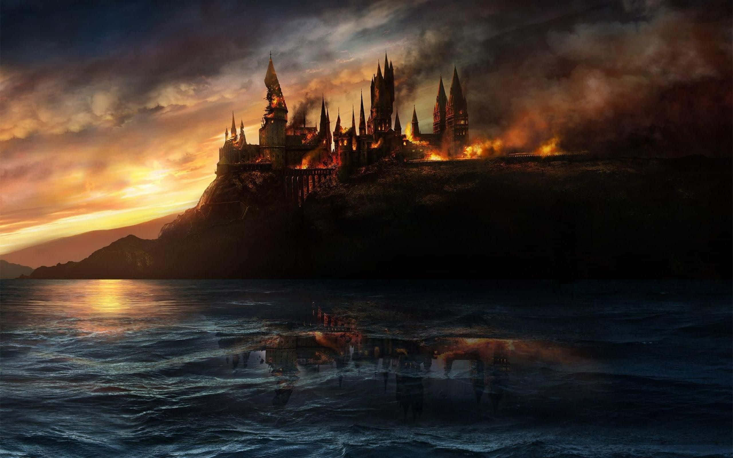 Hogwarts Castle, cliffside, sunset, 2K Desktop Wallpaper