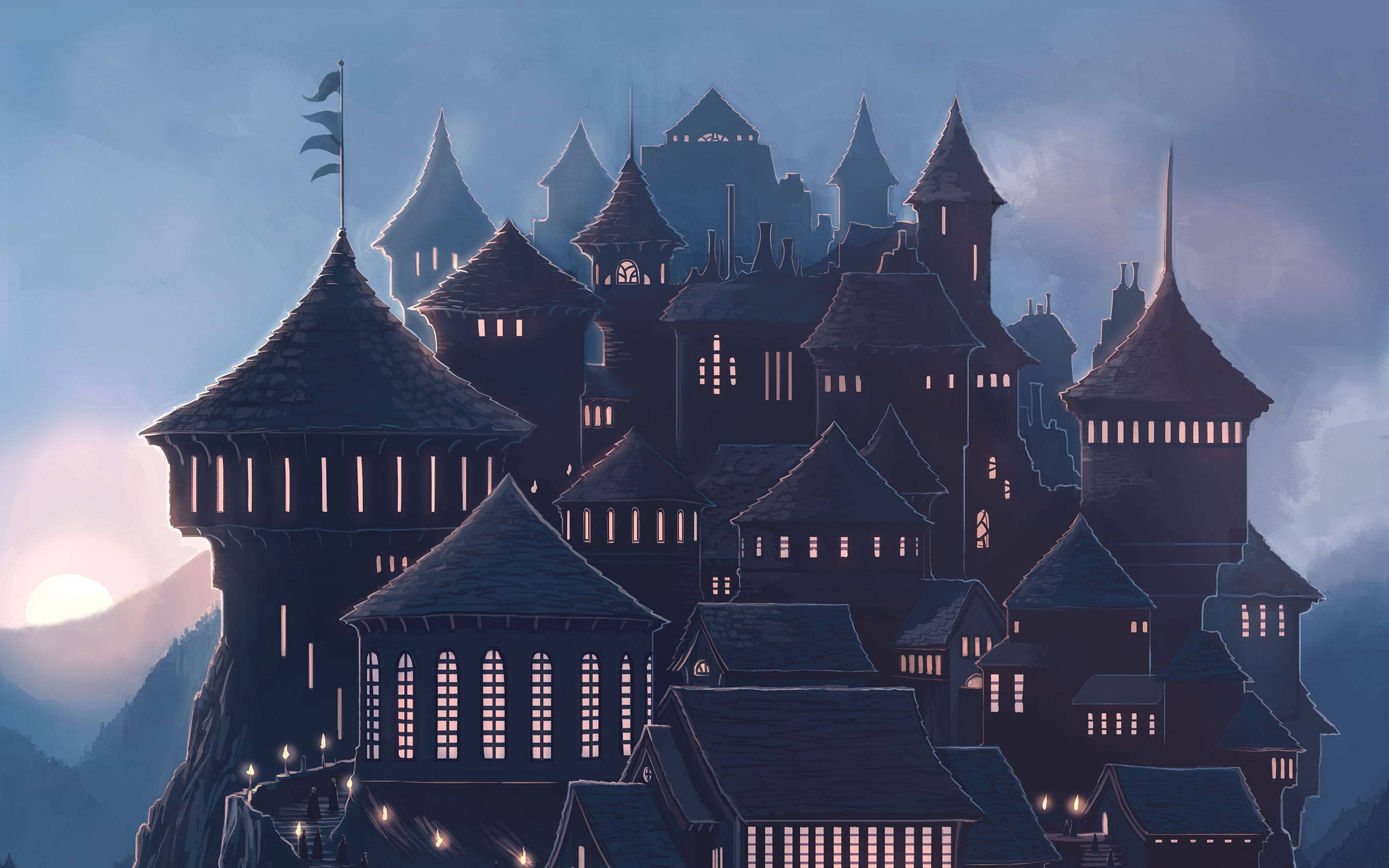 Hogwarts Castle, hill, full moon, 2K Desktop Wallpaper
