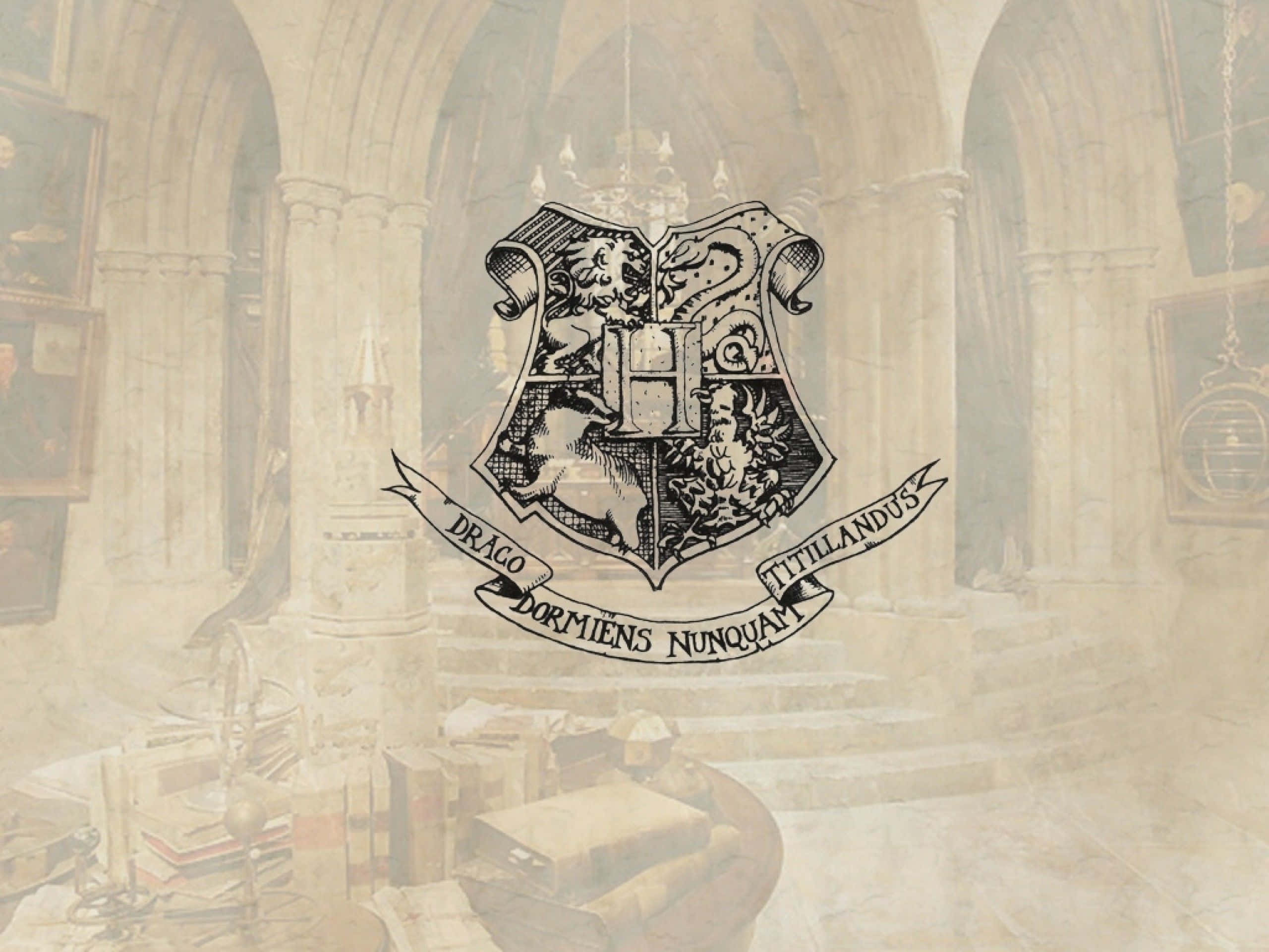 Hogwarts Crest, four houses, sepia-toned, 2K Desktop Wallpaper