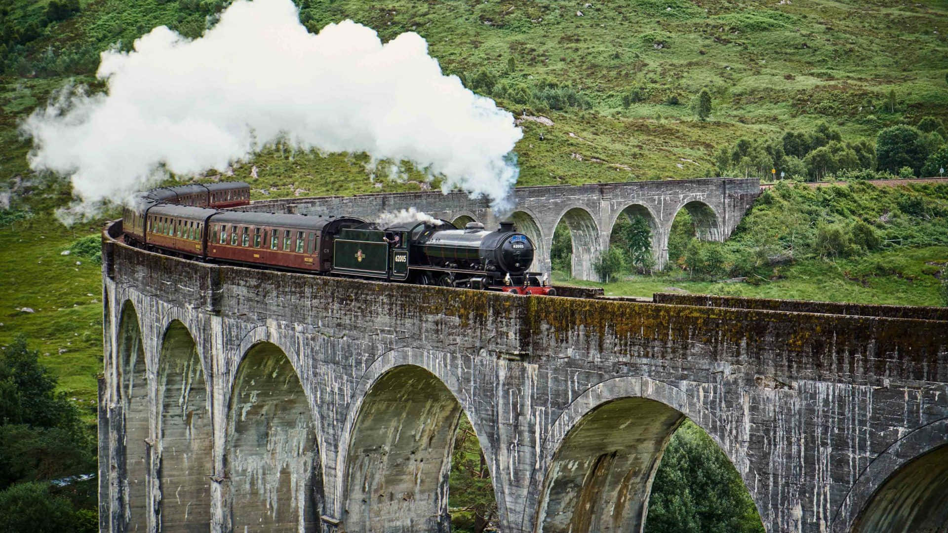 Hogwarts Express, vintage steam train, stone viaduct, Full HD Desktop Wallpaper