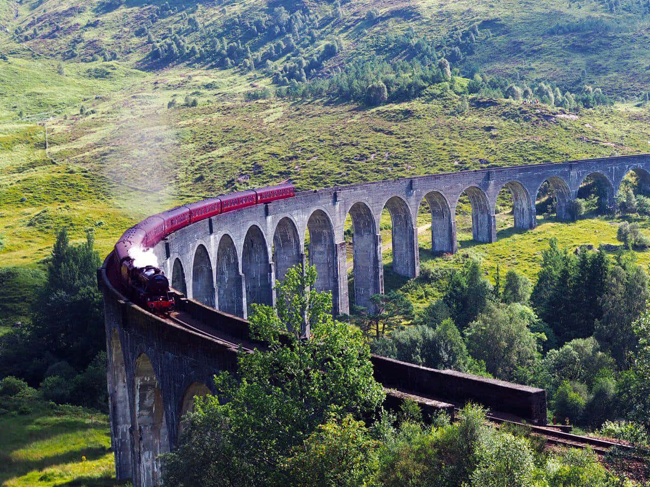 Hogwarts Express, red steam train, stone viaduct, HD Desktop Wallpaper