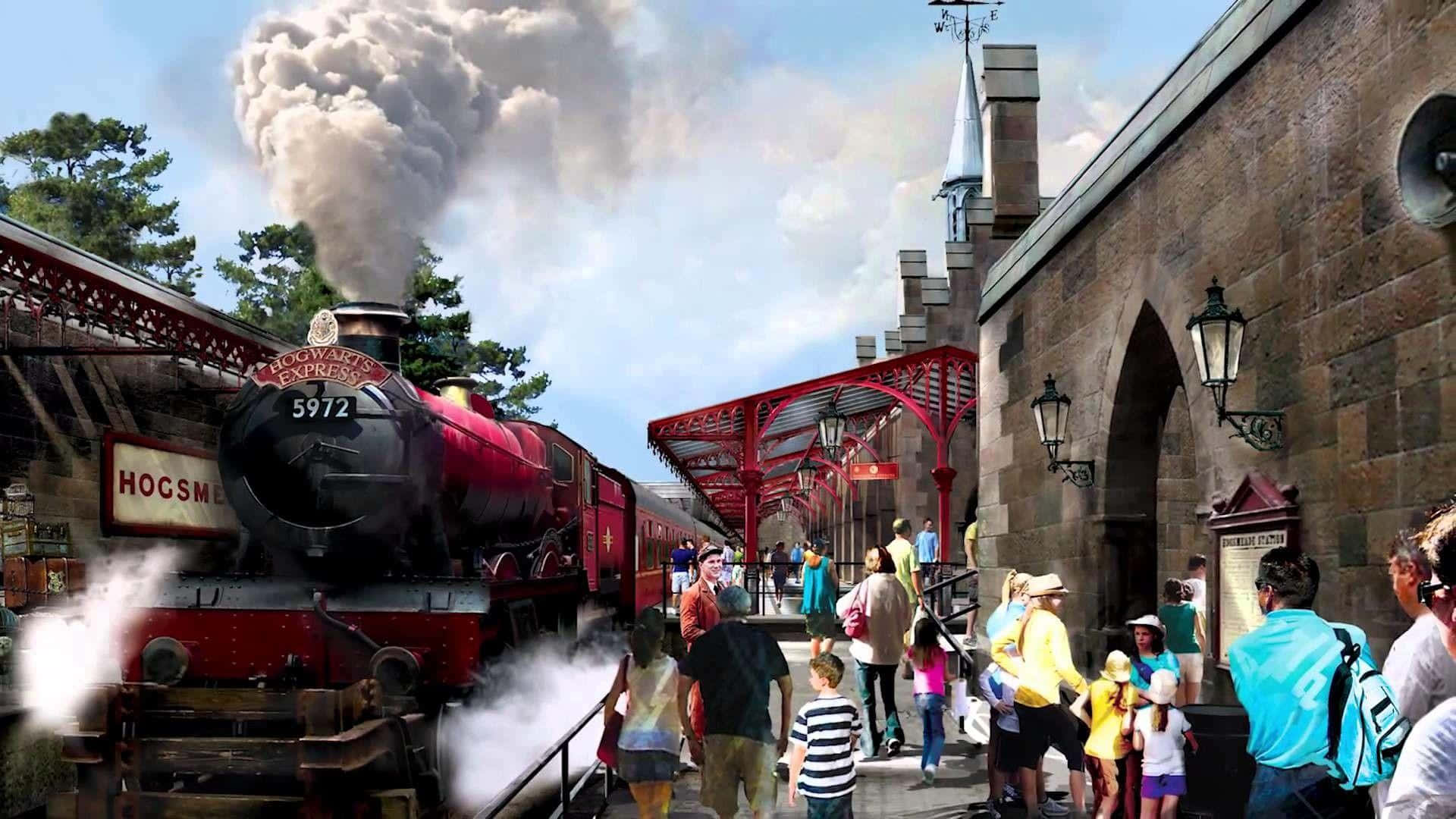 Hogwarts Express, red steam train, stone station, Full HD Desktop Wallpaper