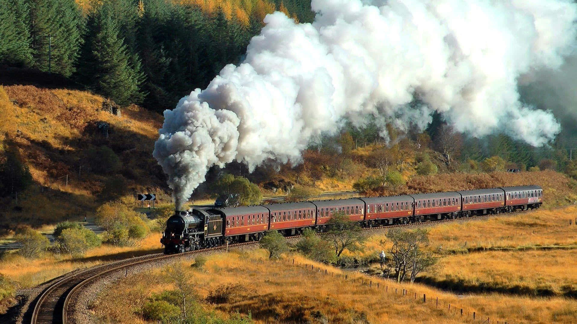Hogwarts Express, vintage steam train, golden autumn valley, Full HD Desktop Wallpaper