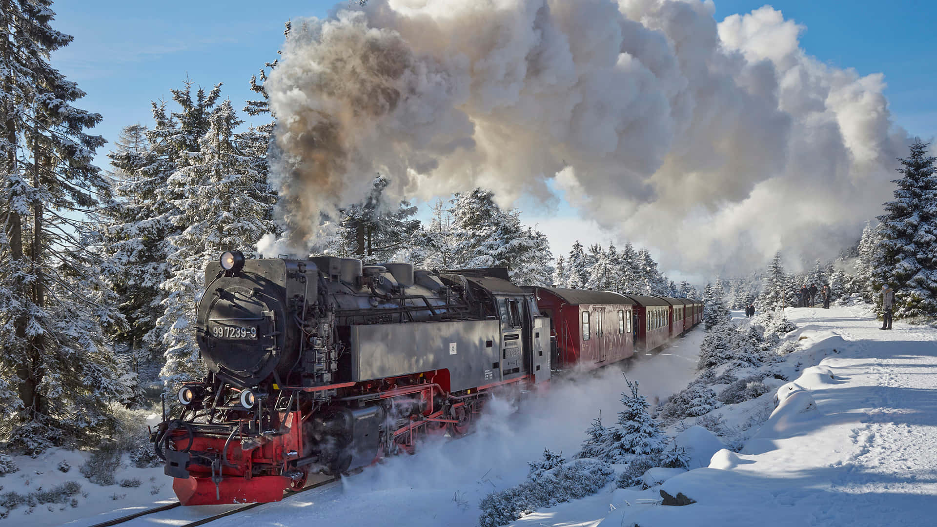 Hogwarts Express, red undercarriage, snowy forest, Full HD Desktop Wallpaper