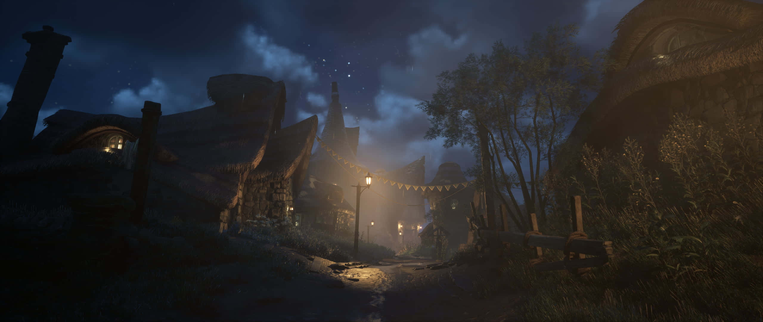 Hogwarts Legacy, nighttime village path, glowing lanterns, 2K Desktop Wallpaper