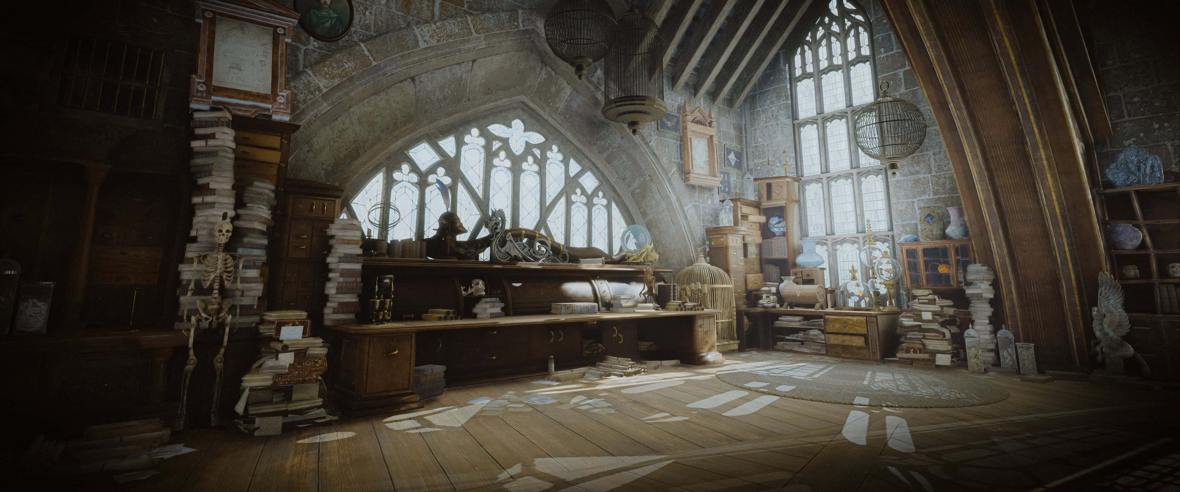 Hogwarts Legacy, magical classroom interior, stone arches, 4K Desktop Wallpaper