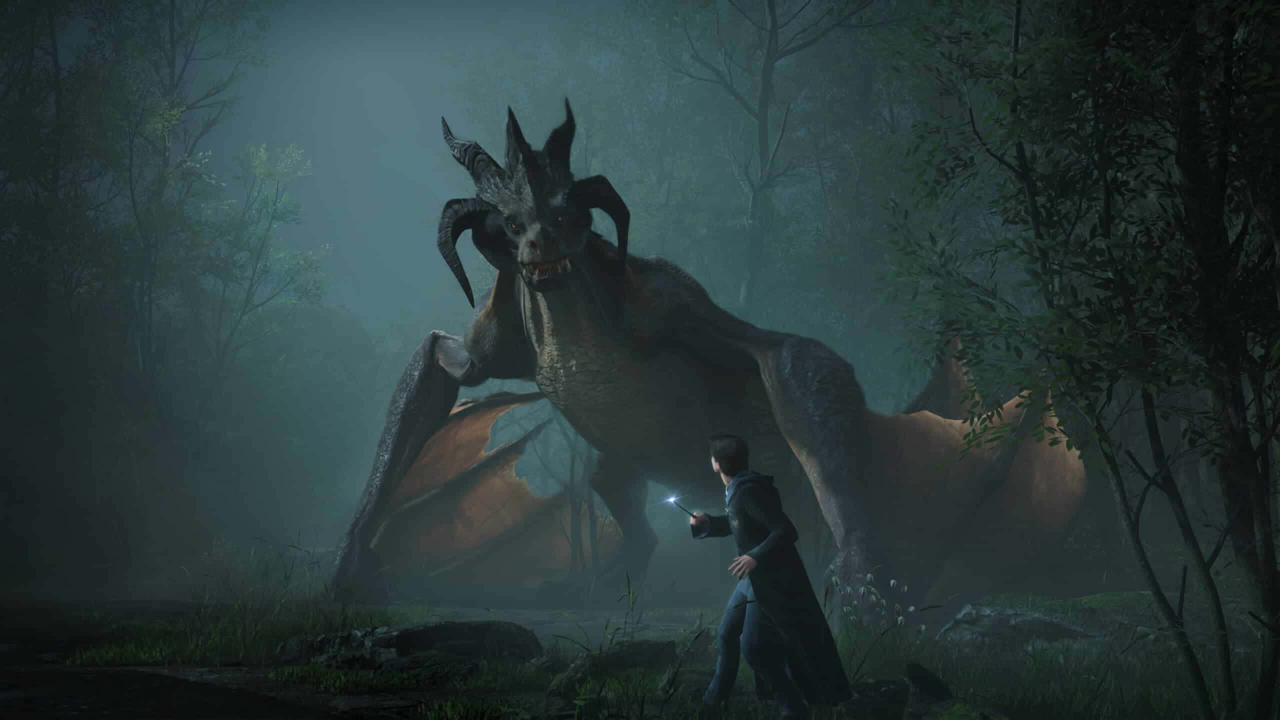 Hogwarts Legacy, magical encounter, dark forest, 2K Desktop Wallpaper