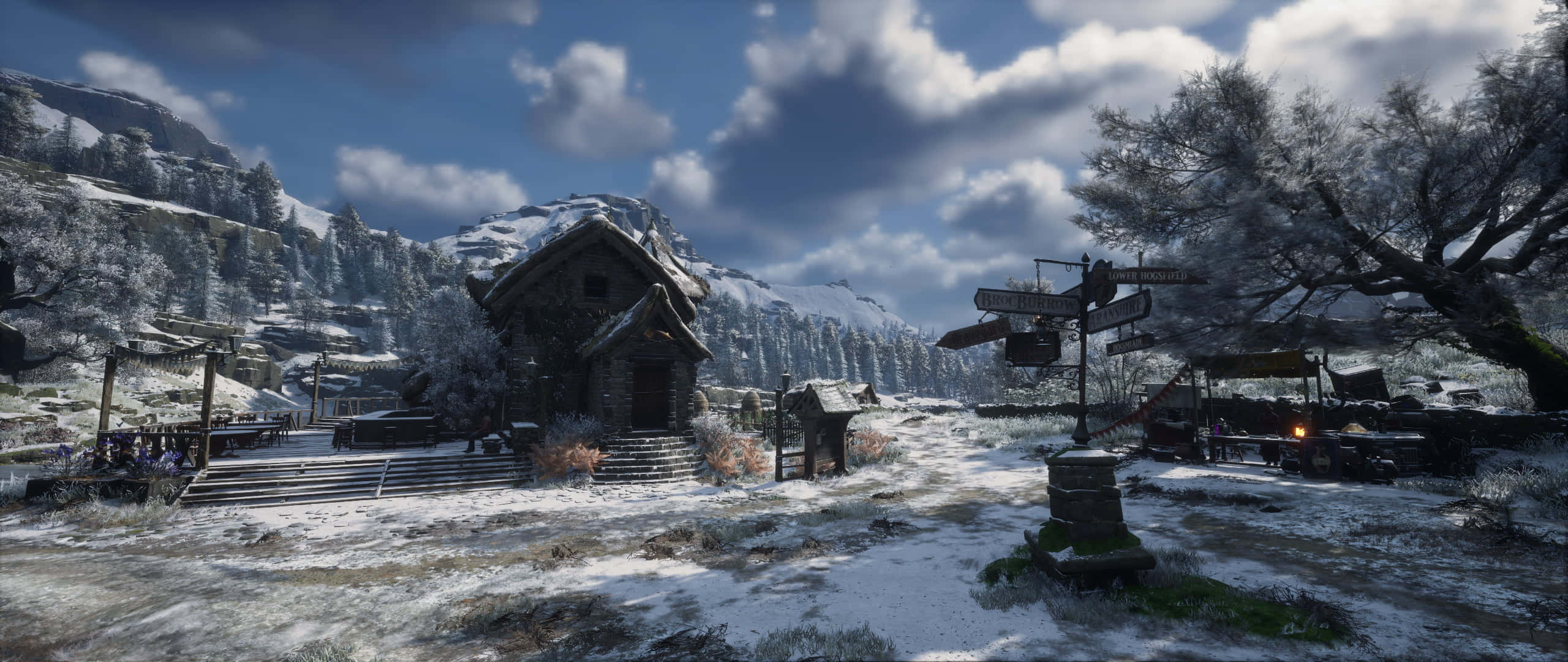 Hogwarts Legacy, winter village scene, snow-covered rustic cabin, 2K Desktop Wallpaper