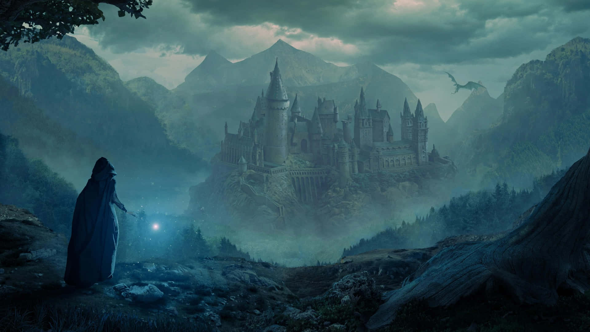 Hogwarts Legacy, cloaked figure, glowing wand, Full HD Desktop Wallpaper