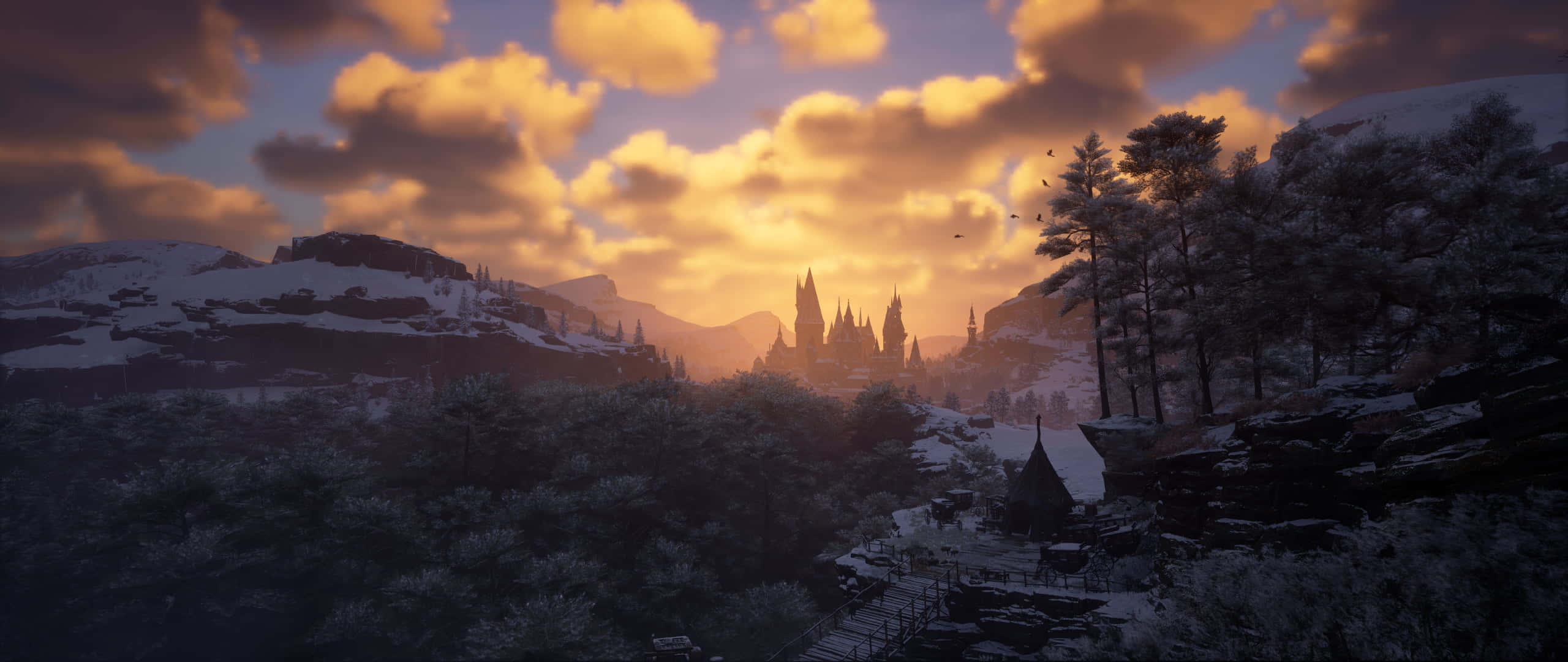 Hogwarts Legacy, winter sunset, snow-covered castle, 2K Desktop Wallpaper