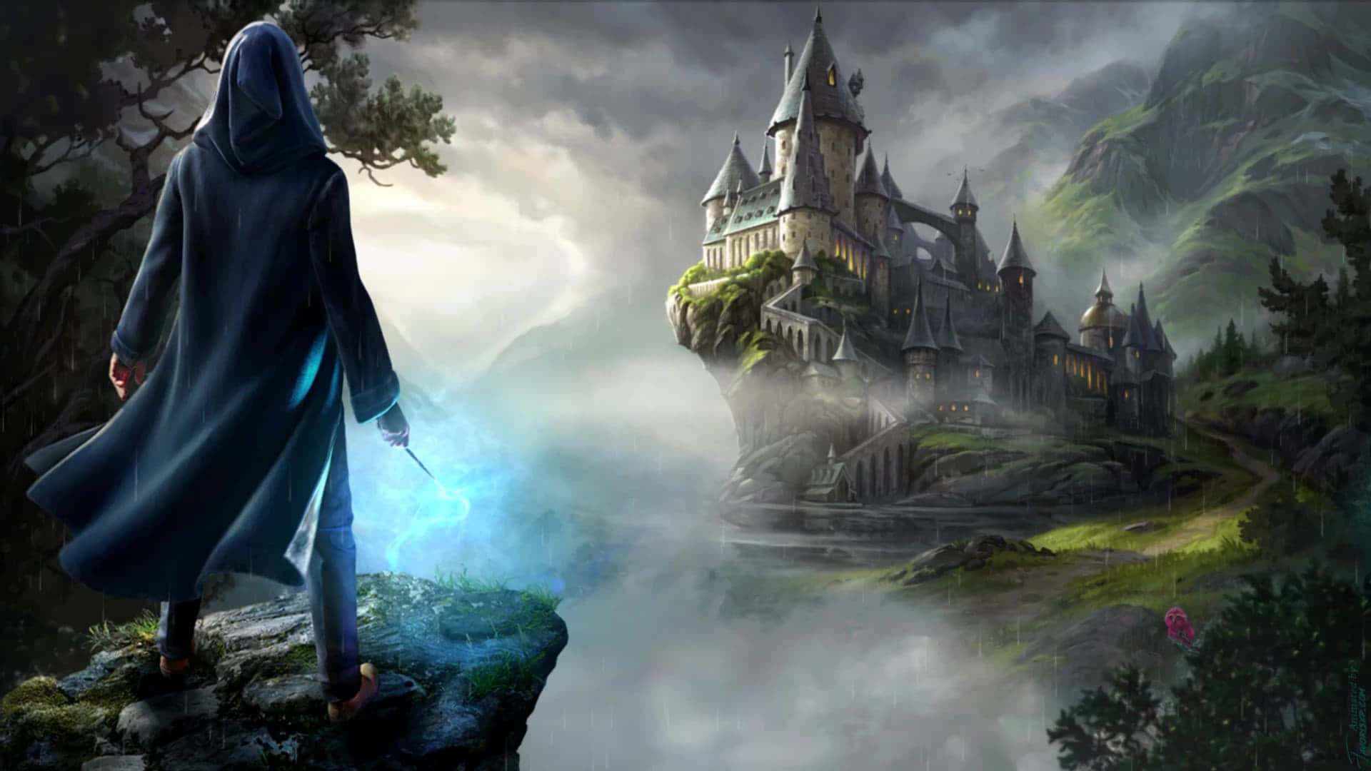 Hogwarts Legacy, hooded figure, glowing blue spell, Full HD Desktop Wallpaper