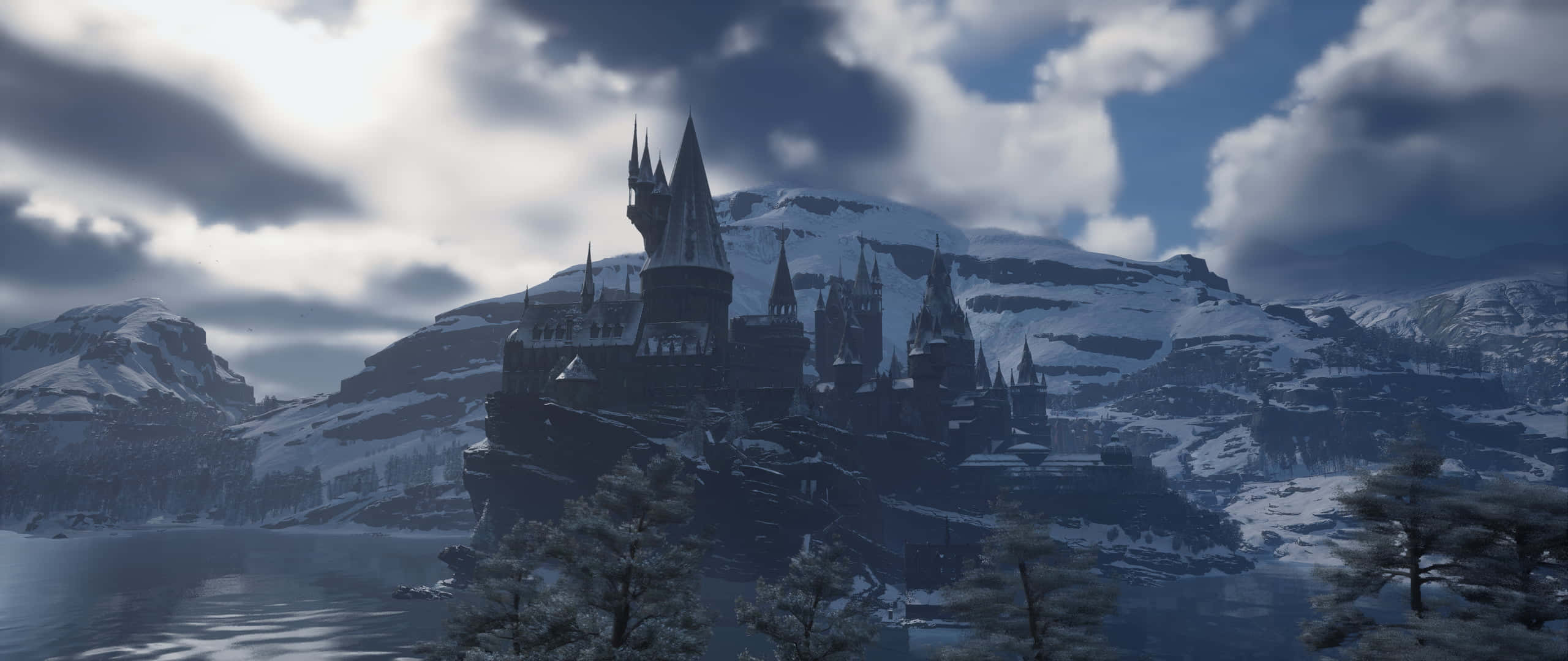 Hogwarts, winter landscape, snow-covered castle, 2K Desktop Wallpaper