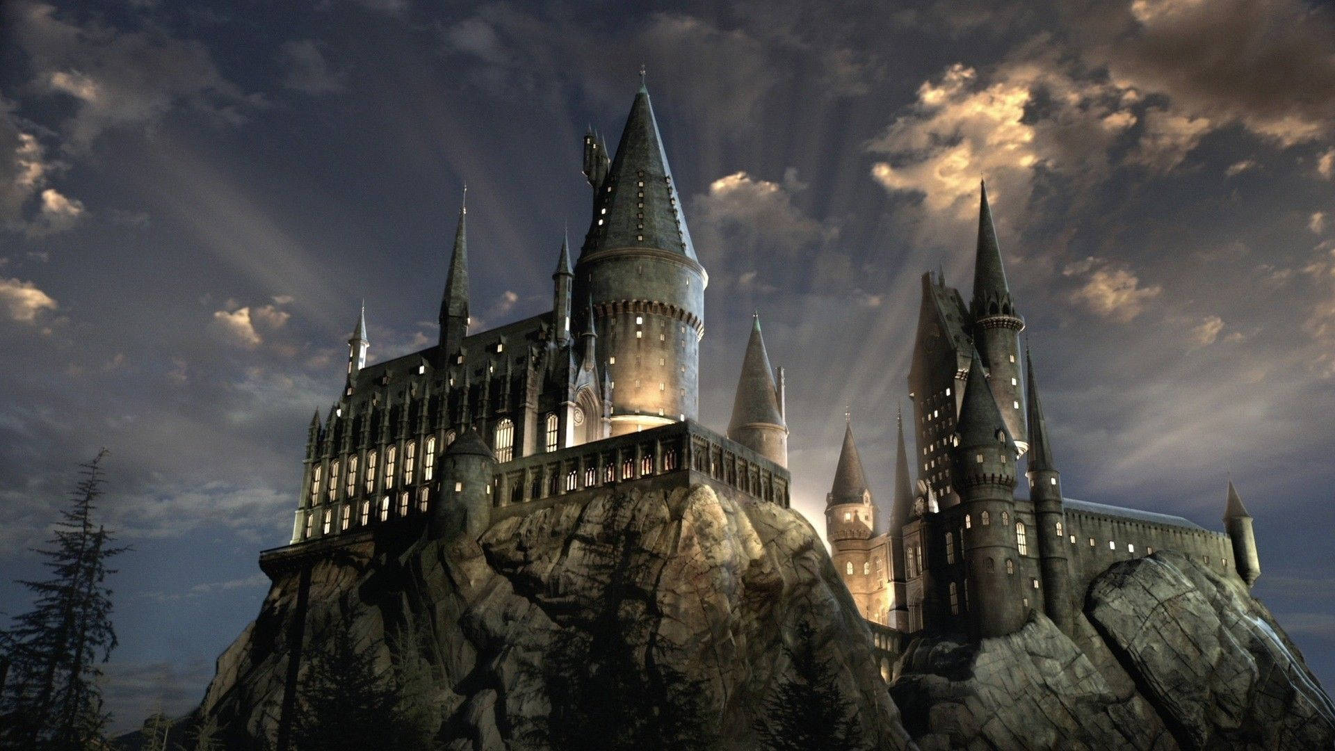 Hogwarts, gothic castle, rocky cliff, Full HD Desktop Wallpaper
