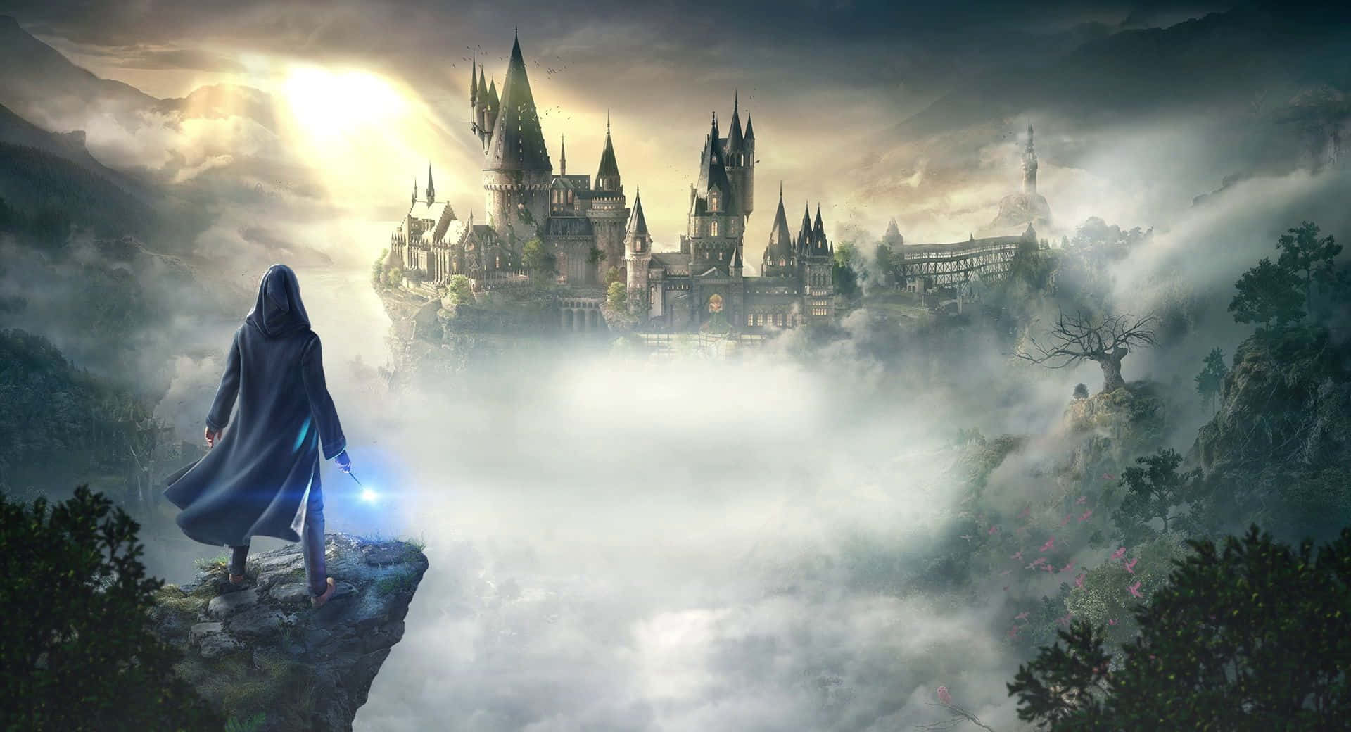Hogwarts, hooded figure, glowing wand, Full HD Desktop Wallpaper