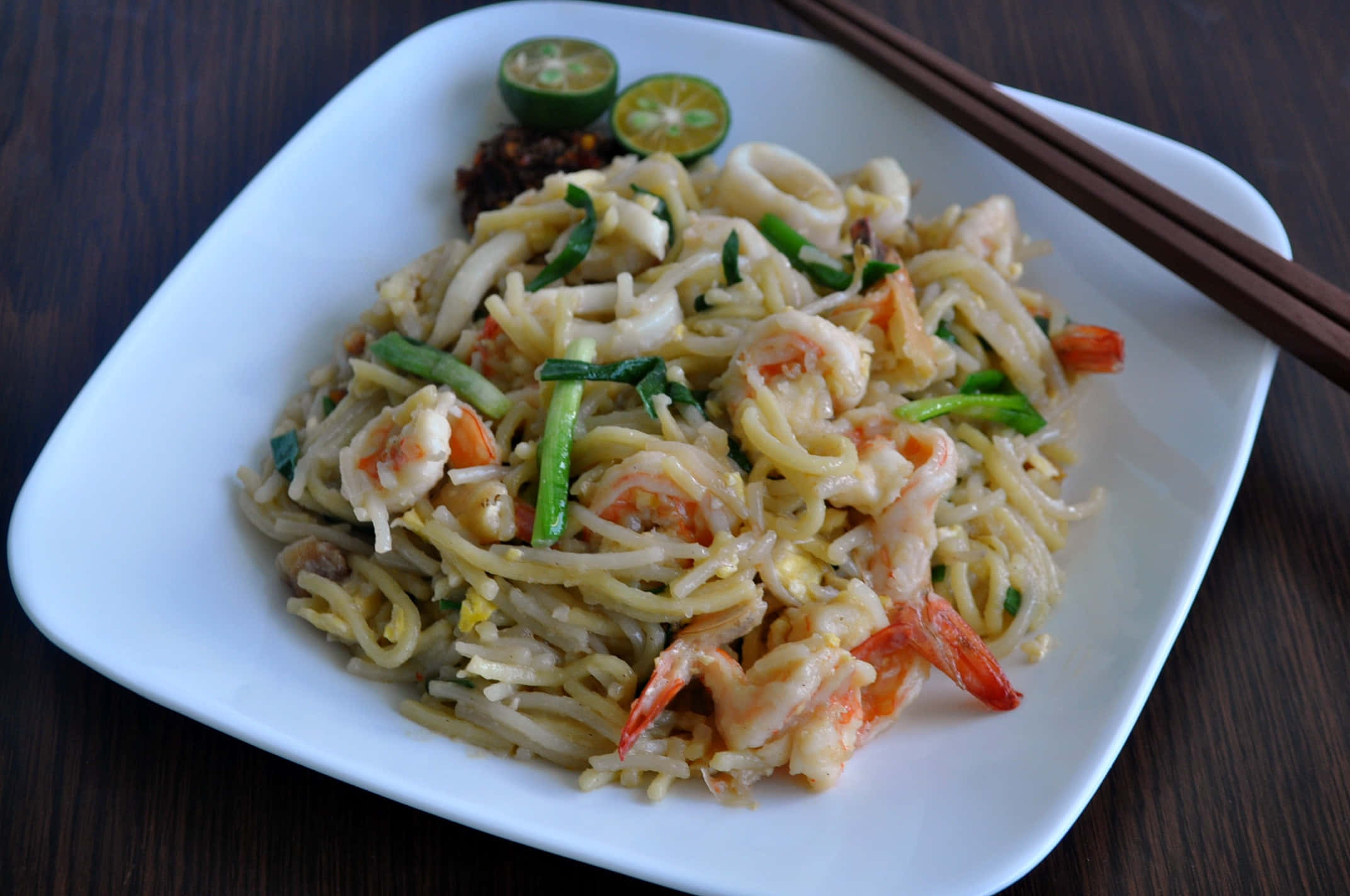 Hokkien Mee, white square plate, shrimp, Full HD Desktop Wallpaper