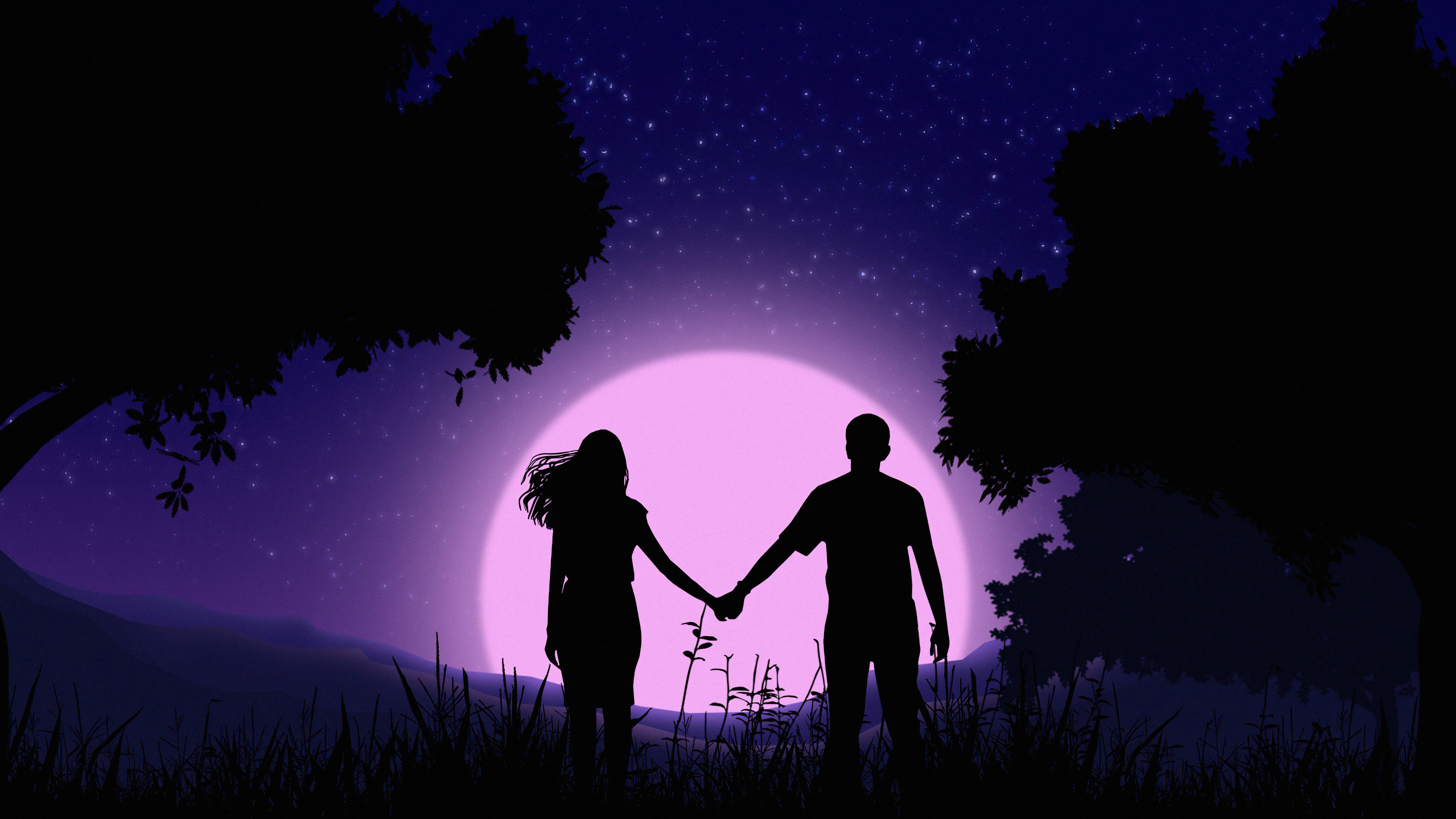 Holding Hands, purple sky, glowing purple moon, 4K Desktop Wallpaper