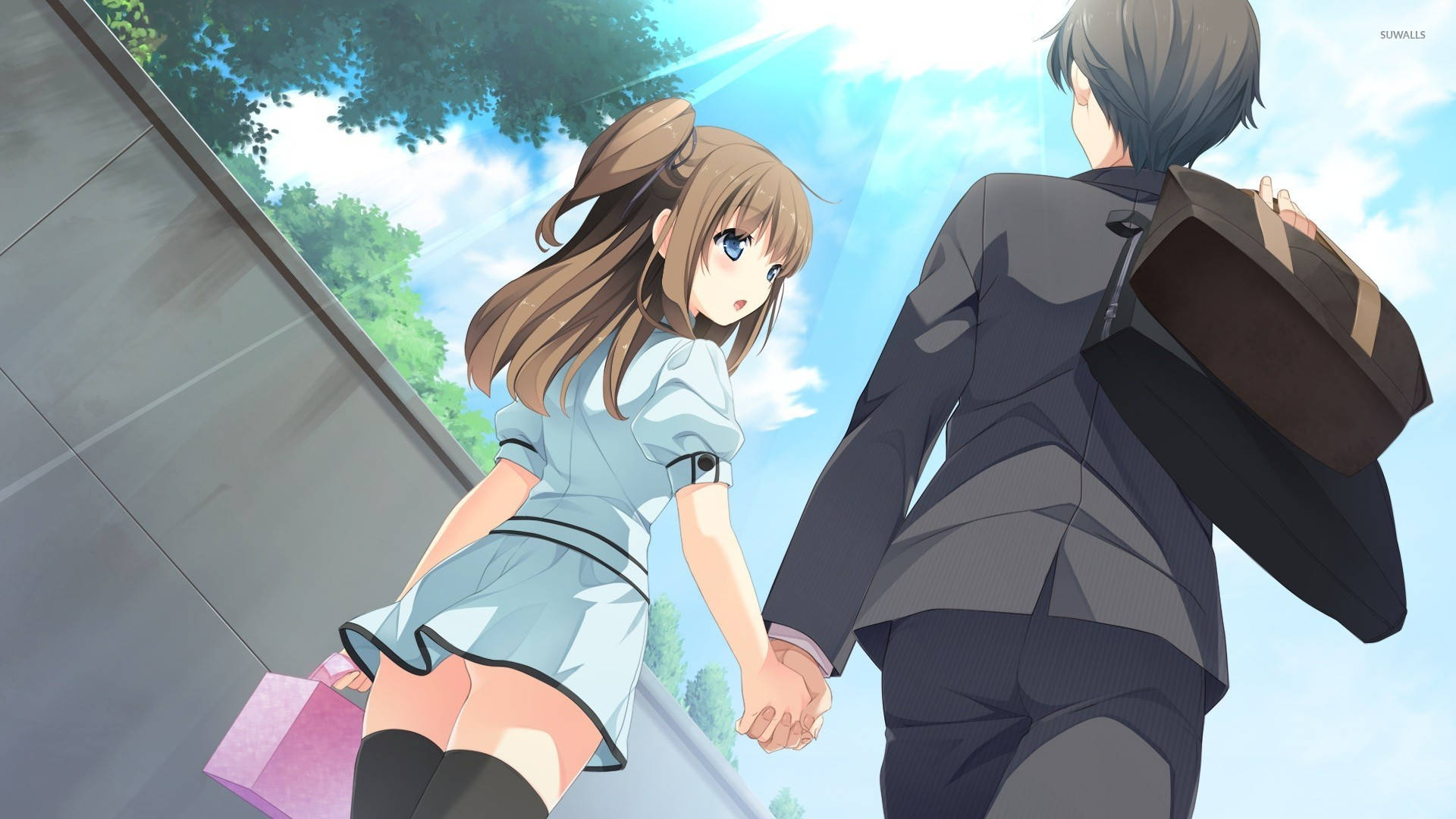 girl and boy holding hands, anime, bright blue sky, Full HD Desktop Wallpaper