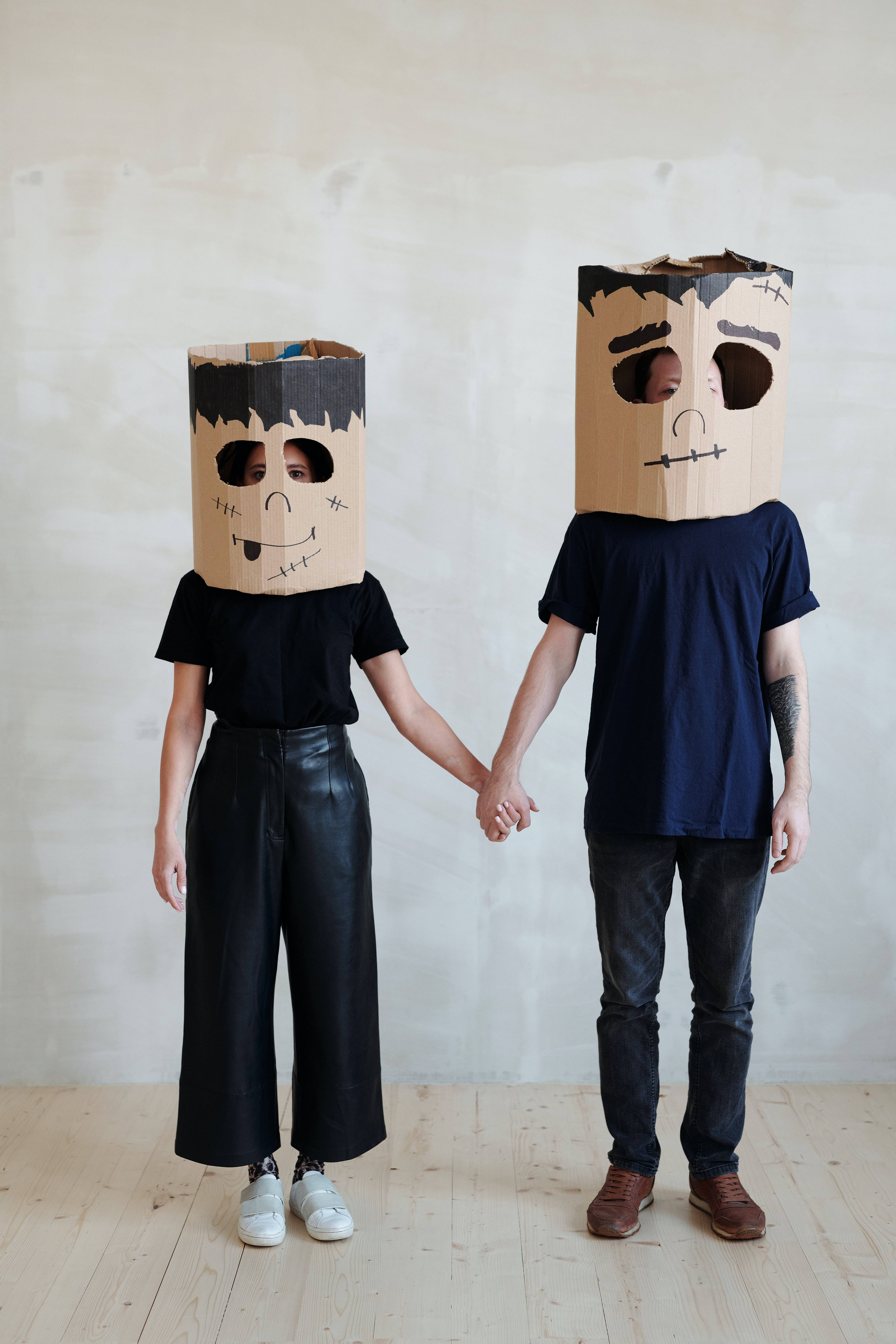 Frankenstein masks, cardboard masks, two people, 5K Phone Wallpaper