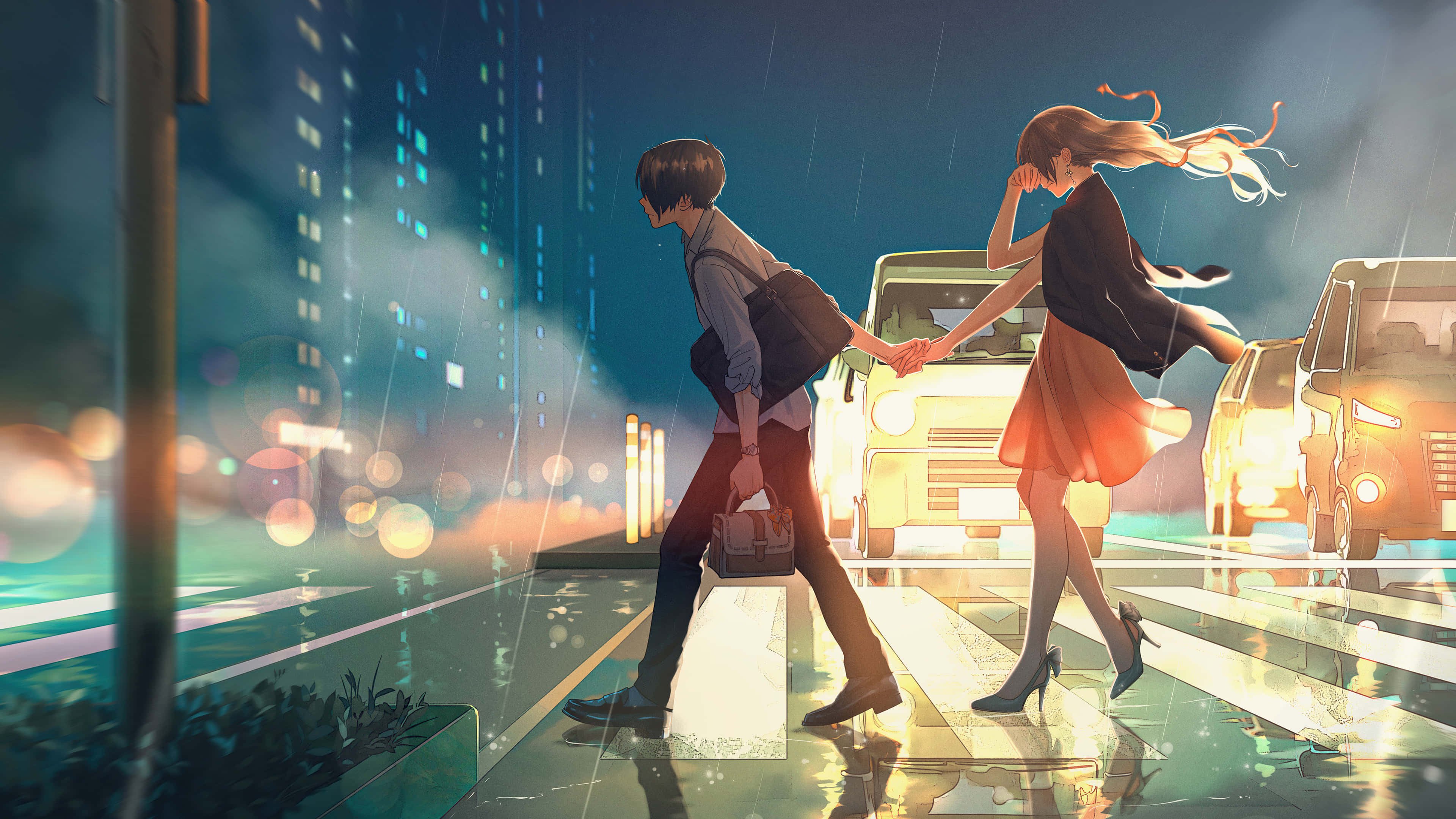 anime couple, pedestrian crossing, rainy neon-lit city street, 4K Desktop Wallpaper