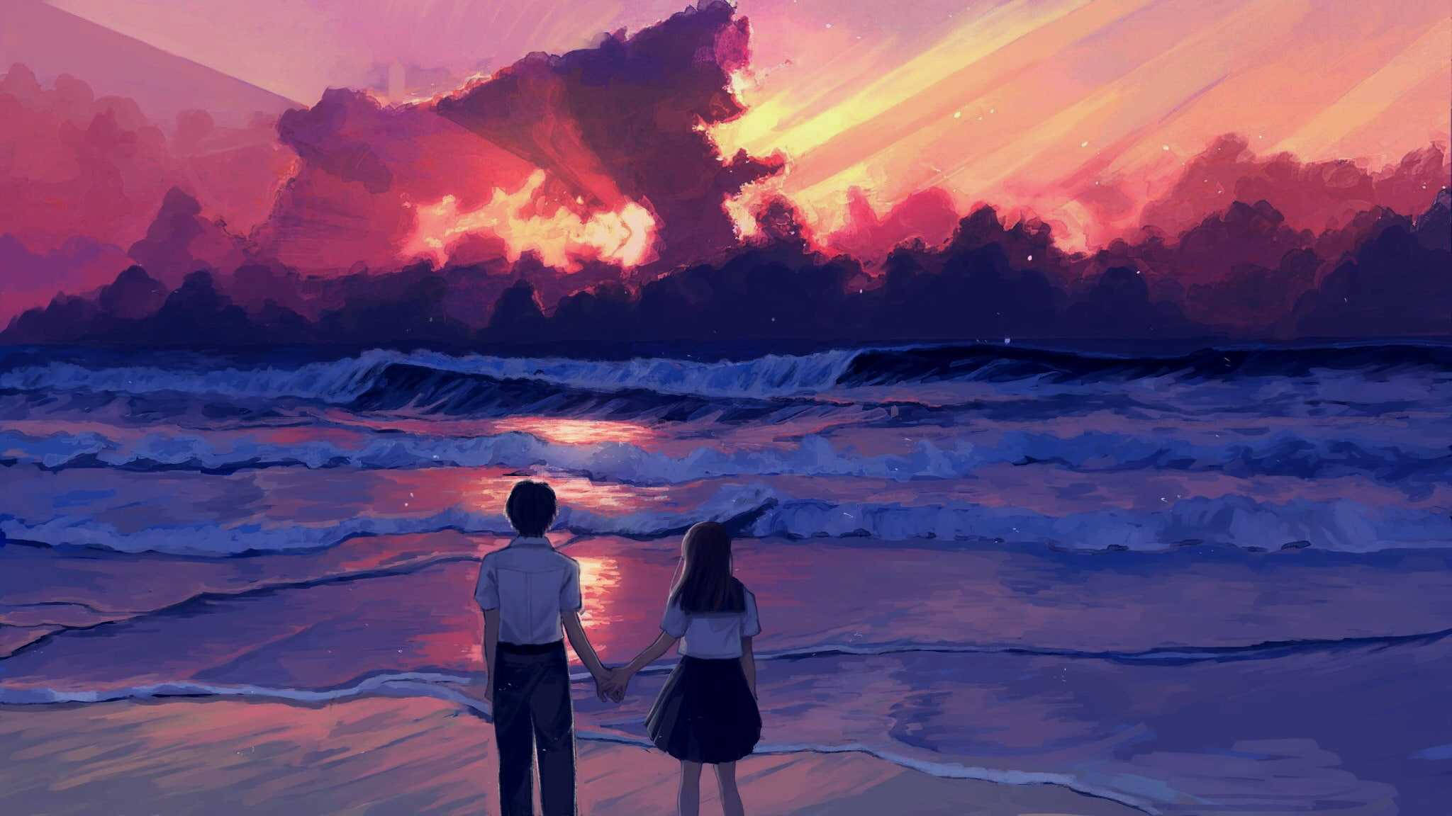 couple, beach, vibrant pink and orange sunset, Full HD Desktop Wallpaper