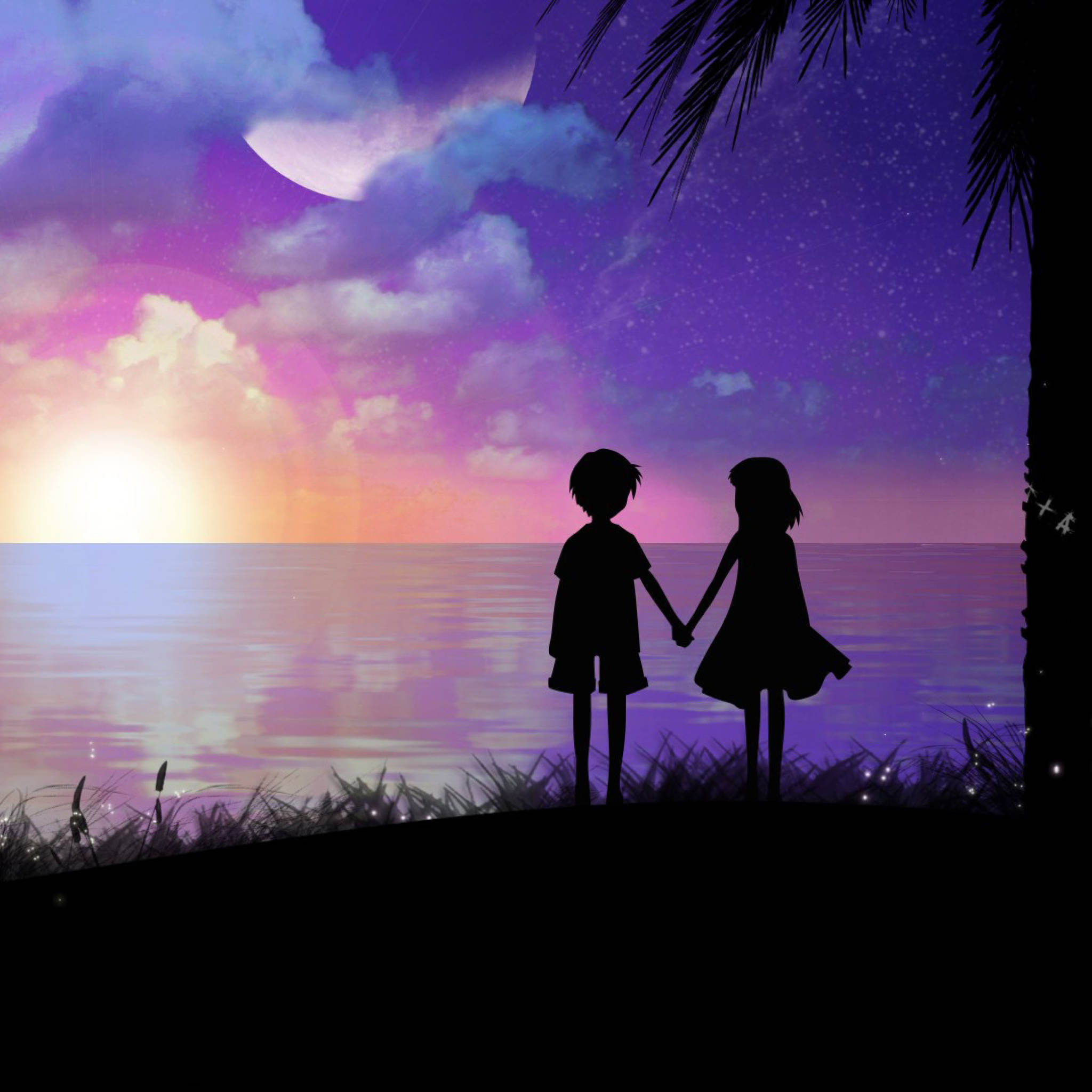 Holding Hands, anime kids, purple sky, Full HD Desktop Wallpaper