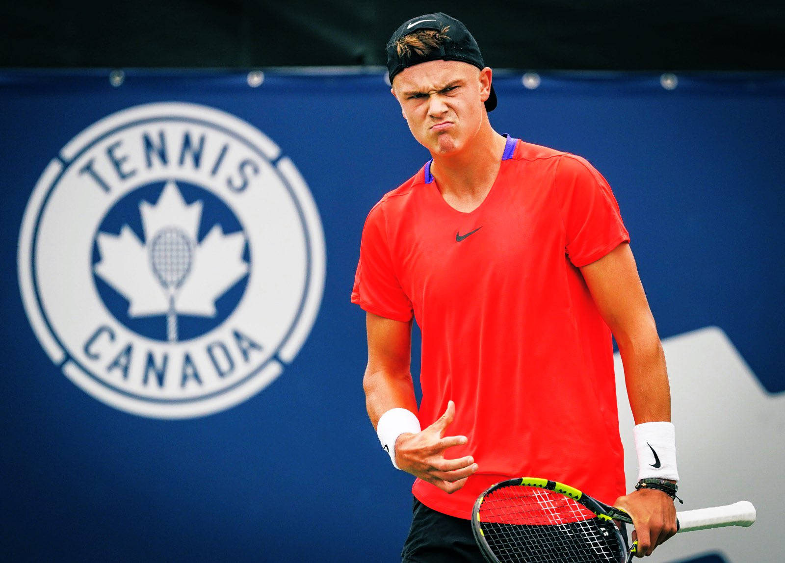 Holger Rune, red shirt, blue Tennis Canada backdrop, HD Desktop Wallpaper